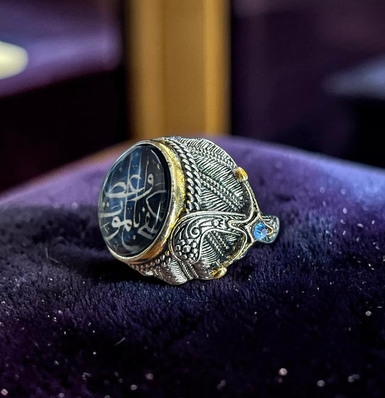 Men’s Blue Arabic Calligraphy Statement Ring – Antique Silver Tone Alloy Islamic Inspired Fashion Ring with Jewelry Box 7018