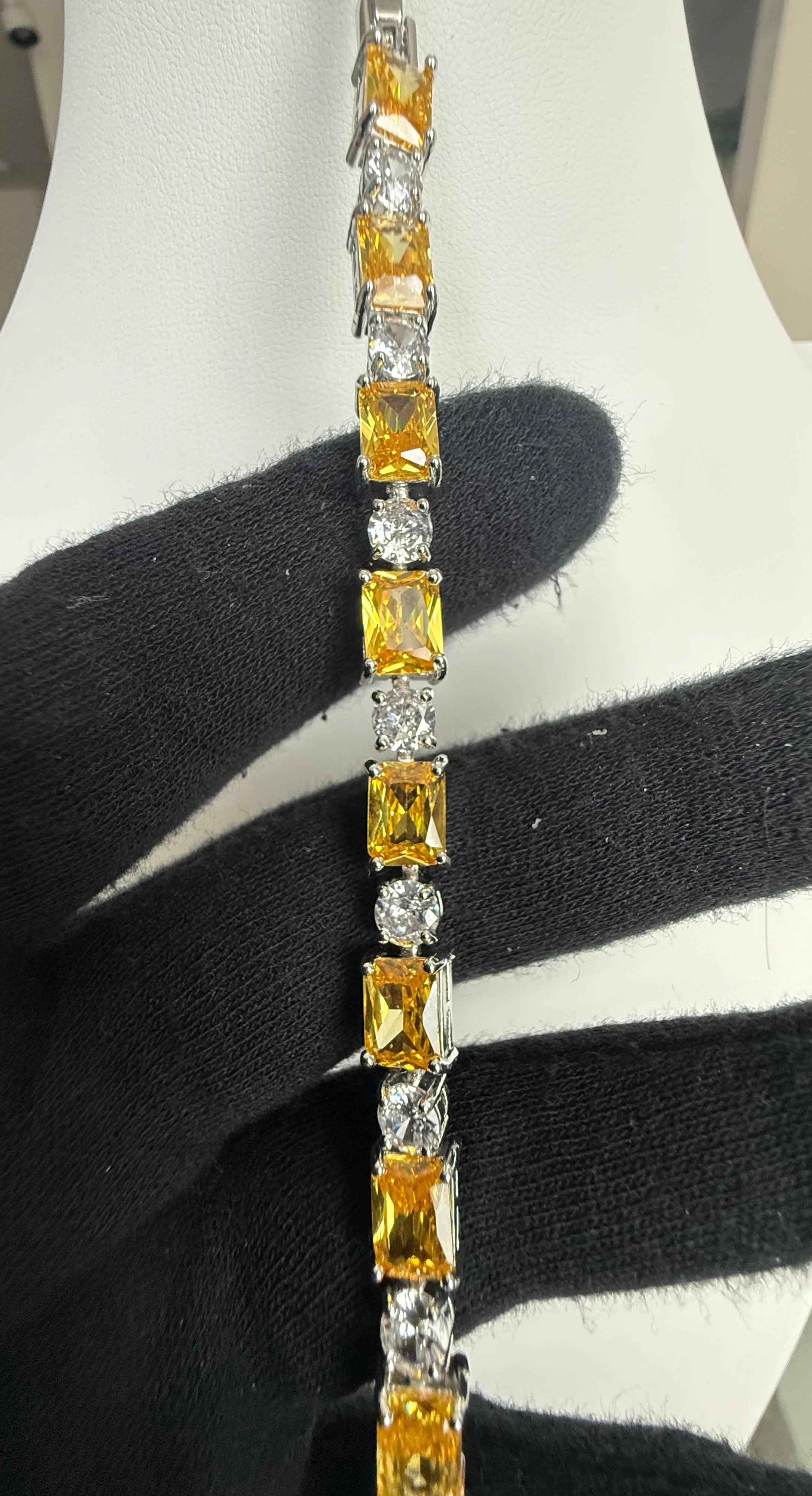 Yellow Emerald-Cut Crystal Tennis Bracelet – Silver Tone Statement Bracelet 7143
