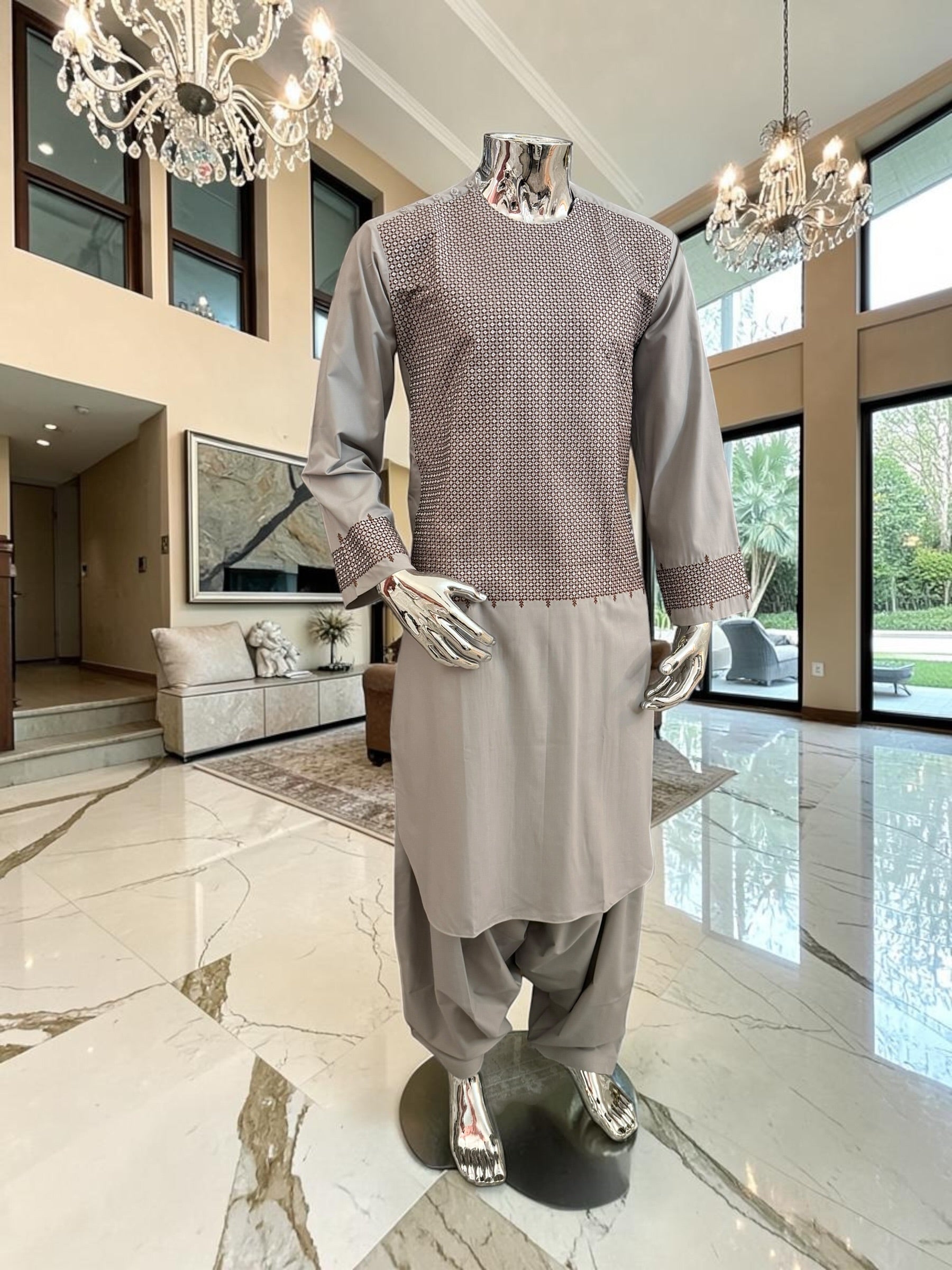 Medium Men’s Light Gray Parahan Tumban with Brown Embroidery – Afghan Traditional Outfit