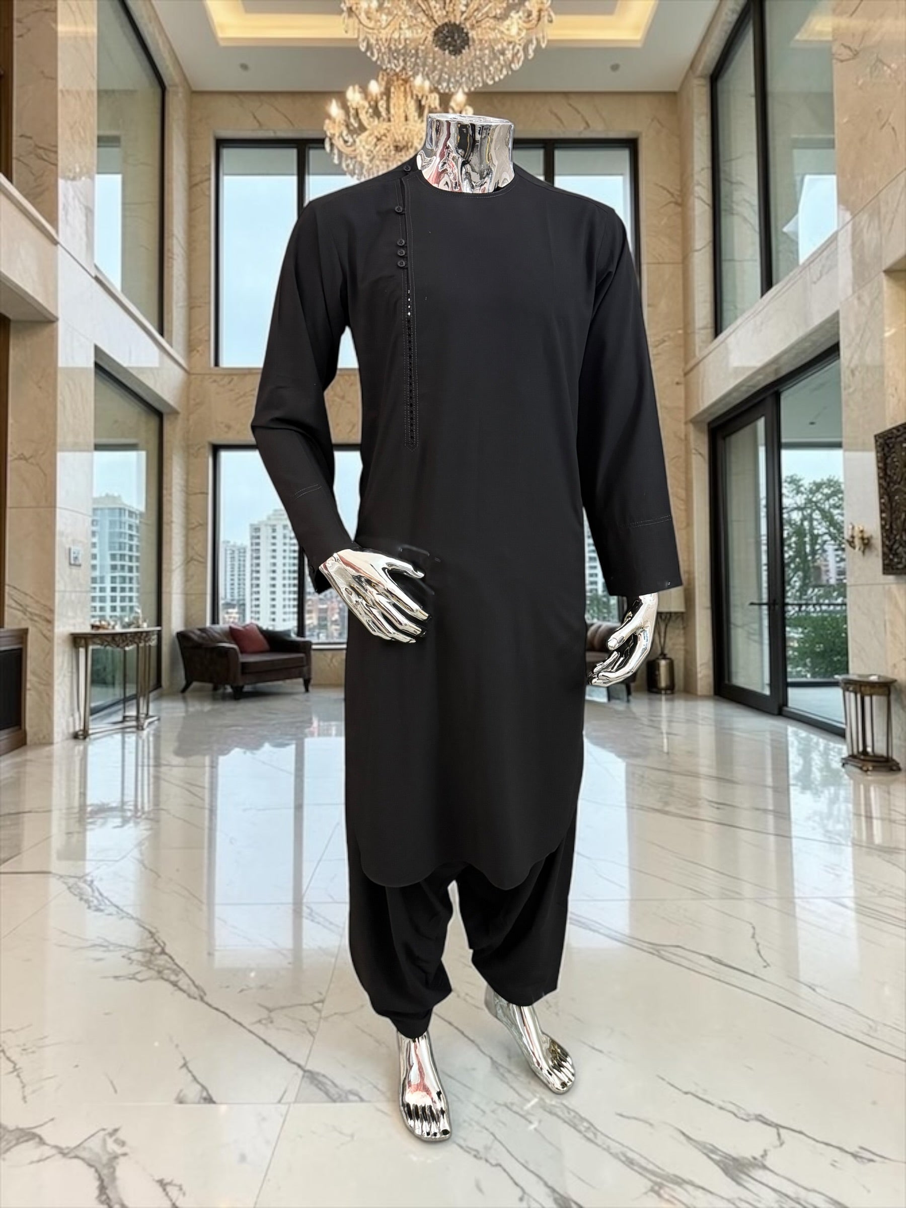 Men’s Black Qasimi Parahan Tunban – Traditional Afghan 2-Piece Outfit, Small–XL