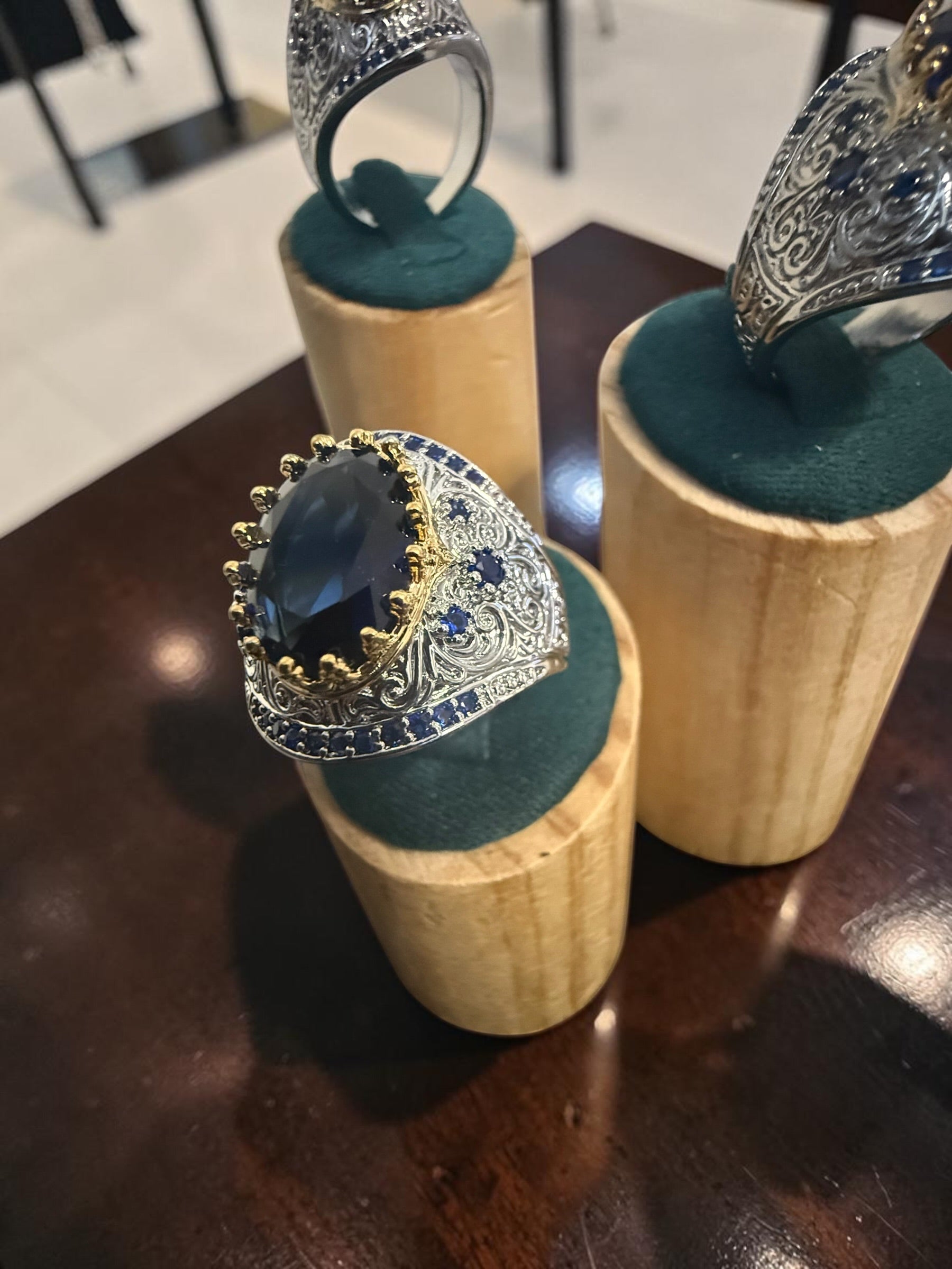 Vintage Blue Zircon Statement Ring – Two-Tone Gold & Silver Plated Brass Oval Crystal Ring for Men and Women 6076