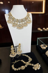Luxury Kundan Bridal Jewelry Set with Sheeshphool, Necklace & Earrings – Ruby Red, Emerald Green & Pearl White