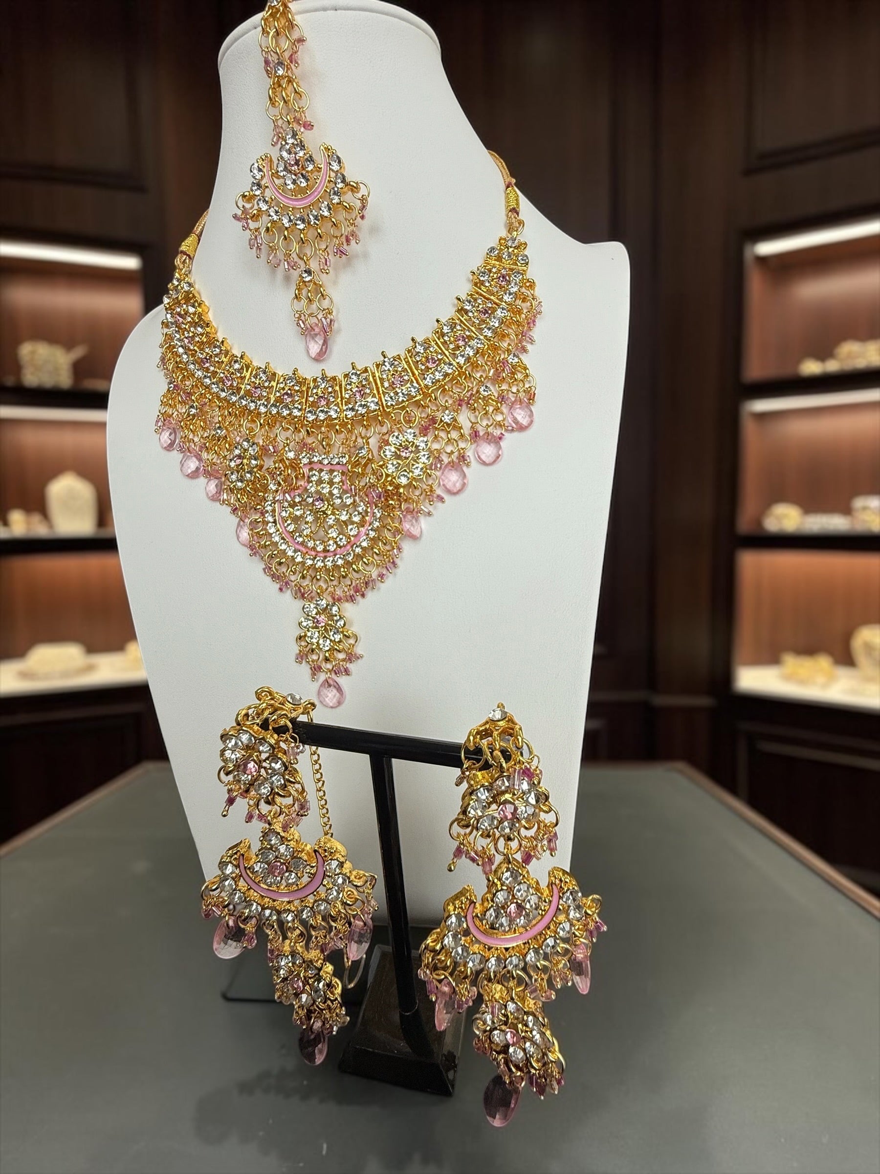 Pink Indian Pakistani Afghan Bridal Jewelry Set with Earrings & Maang Tikka | Gold Tone Crystal Rhinestone Necklace Set | Gift Box Included 7012