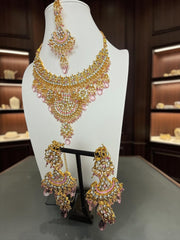 Pink Indian Pakistani Afghan Bridal Jewelry Set with Earrings & Maang Tikka | Gold Tone Crystal Rhinestone Necklace Set | Gift Box Included 7012