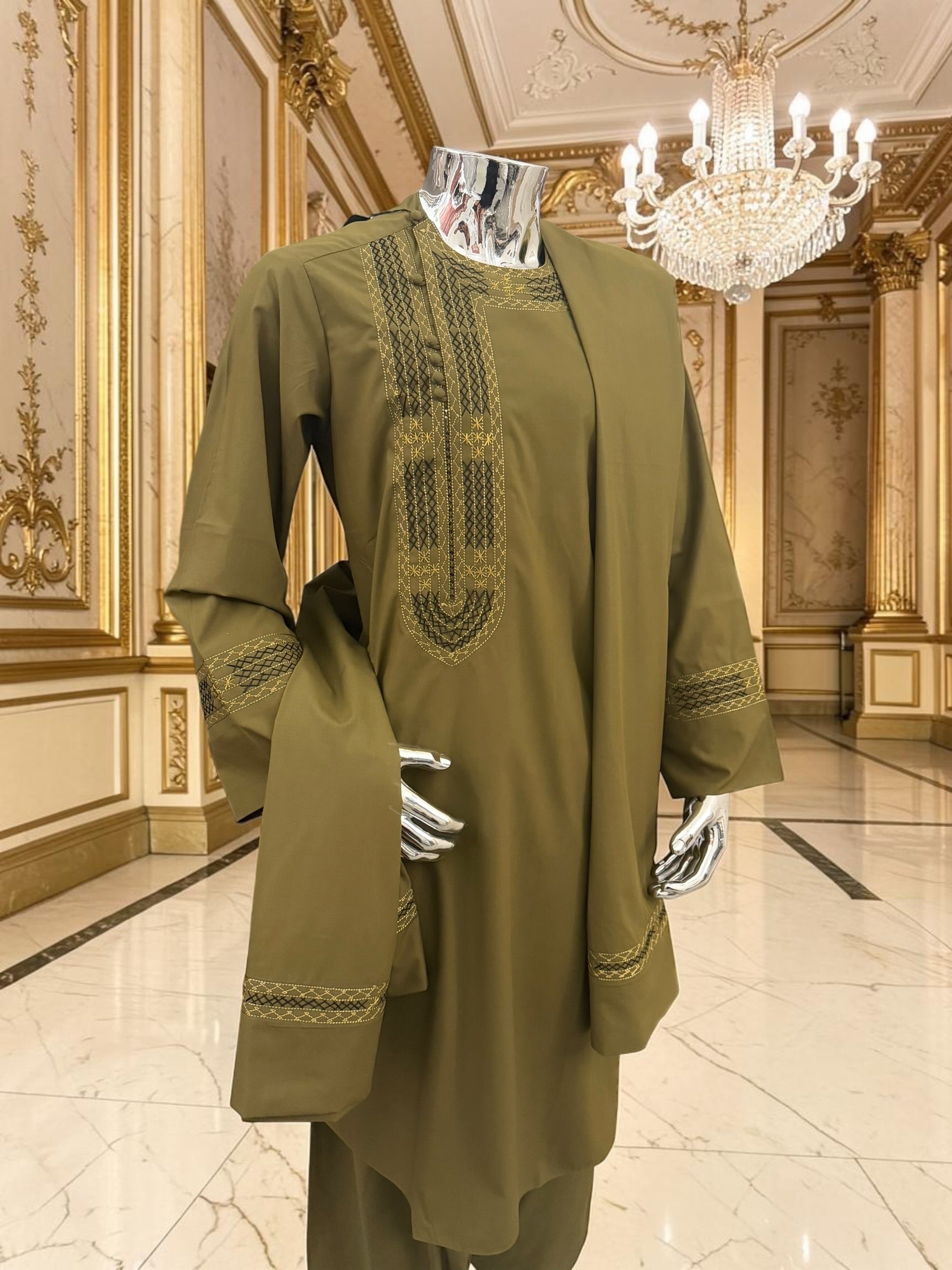 Men’s Olive Green Hand-Embroidered Afghan Parahan Tunban with Shawl – 3-Piece Set 5033