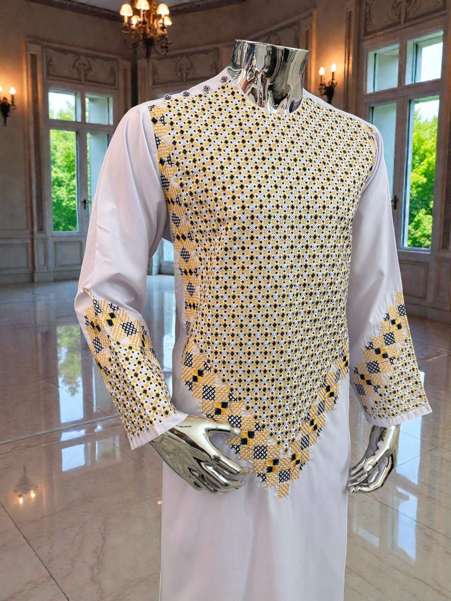 Men’s White Kameez with Gold and Navy Blue Machine Embroidery – Small Tall Size | Afghan Traditional Wear | Luqmaan Boutique