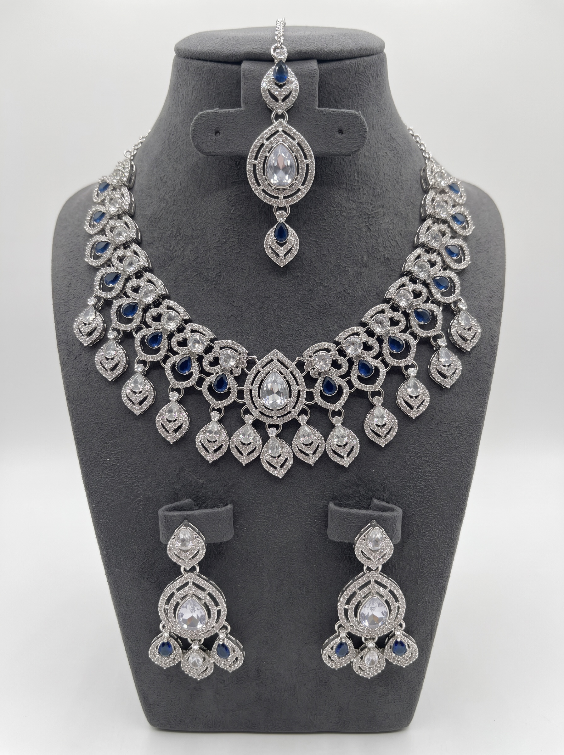 American Diamond Necklace, Earrings & Maang Tikka Jewelry Set – 7 Colors