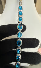 Aqua Blue Cushion-Cut Crystal Halo Tennis Bracelet – Silver-Tone Statement Jewelry 7115