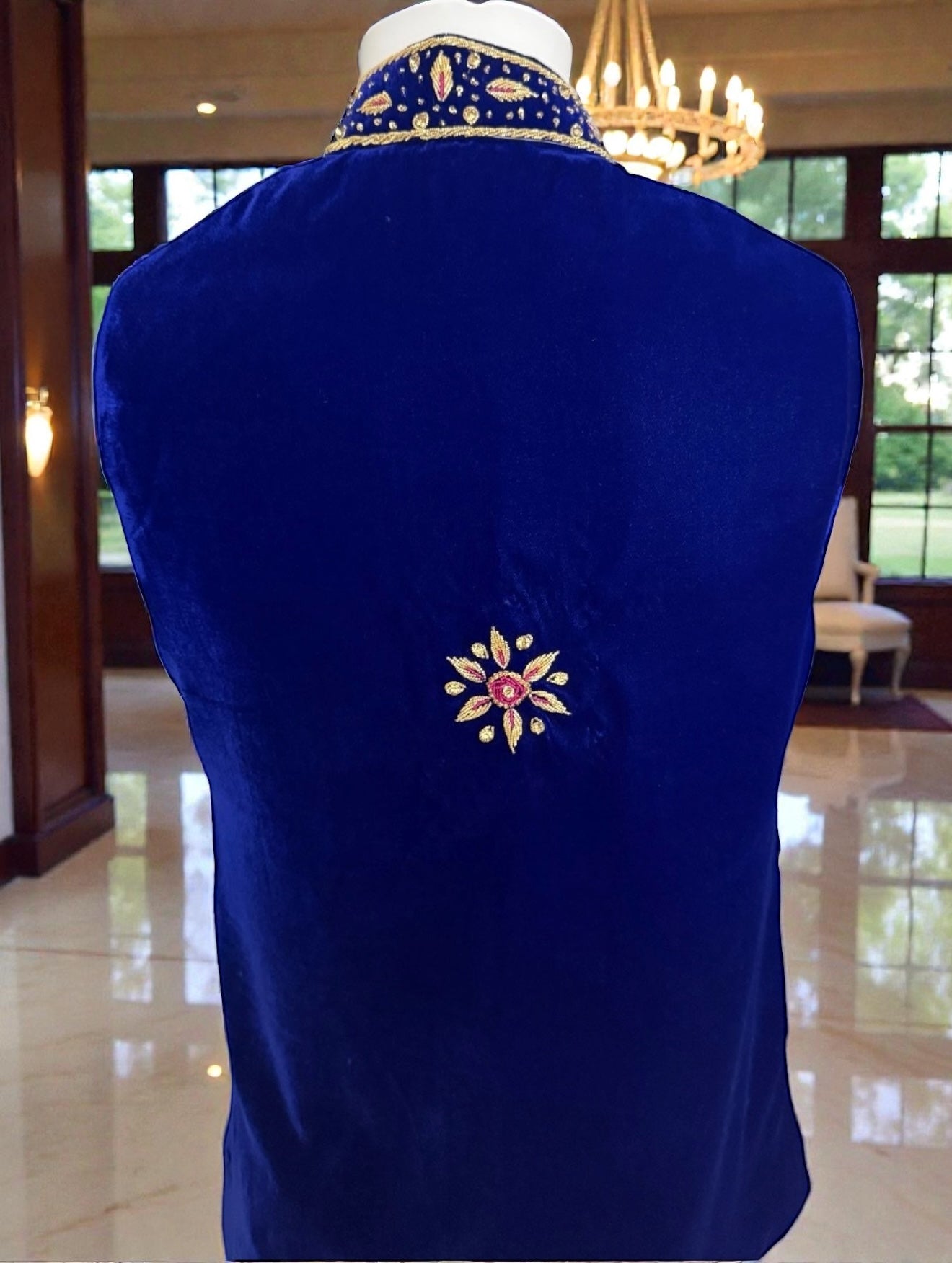 Royal Blue Velvet Vestcoat – Handmade Soma & Borr Borr Gold Embroidery | Men’s Luxury Afghan Waistcoat Medium