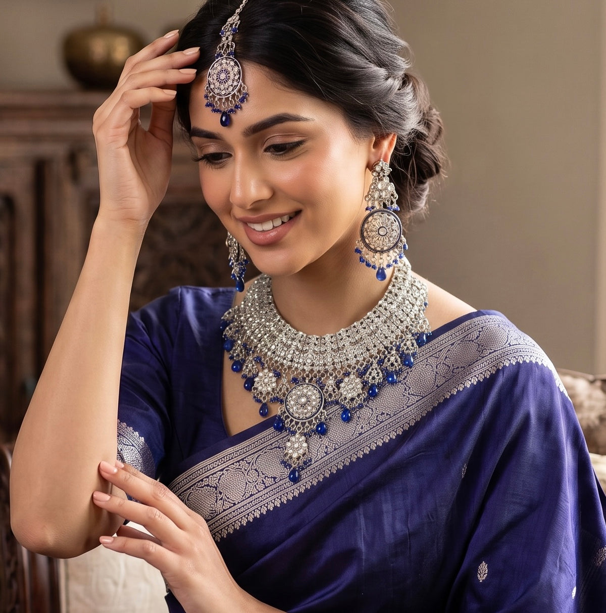 Sapphire & Silver Kundan Style Bridal Jewelry Set with Necklace, Earrings & Maang Tikka | Indian Pakistani Afghan Wedding Jewelry | Gift Box Included 7009