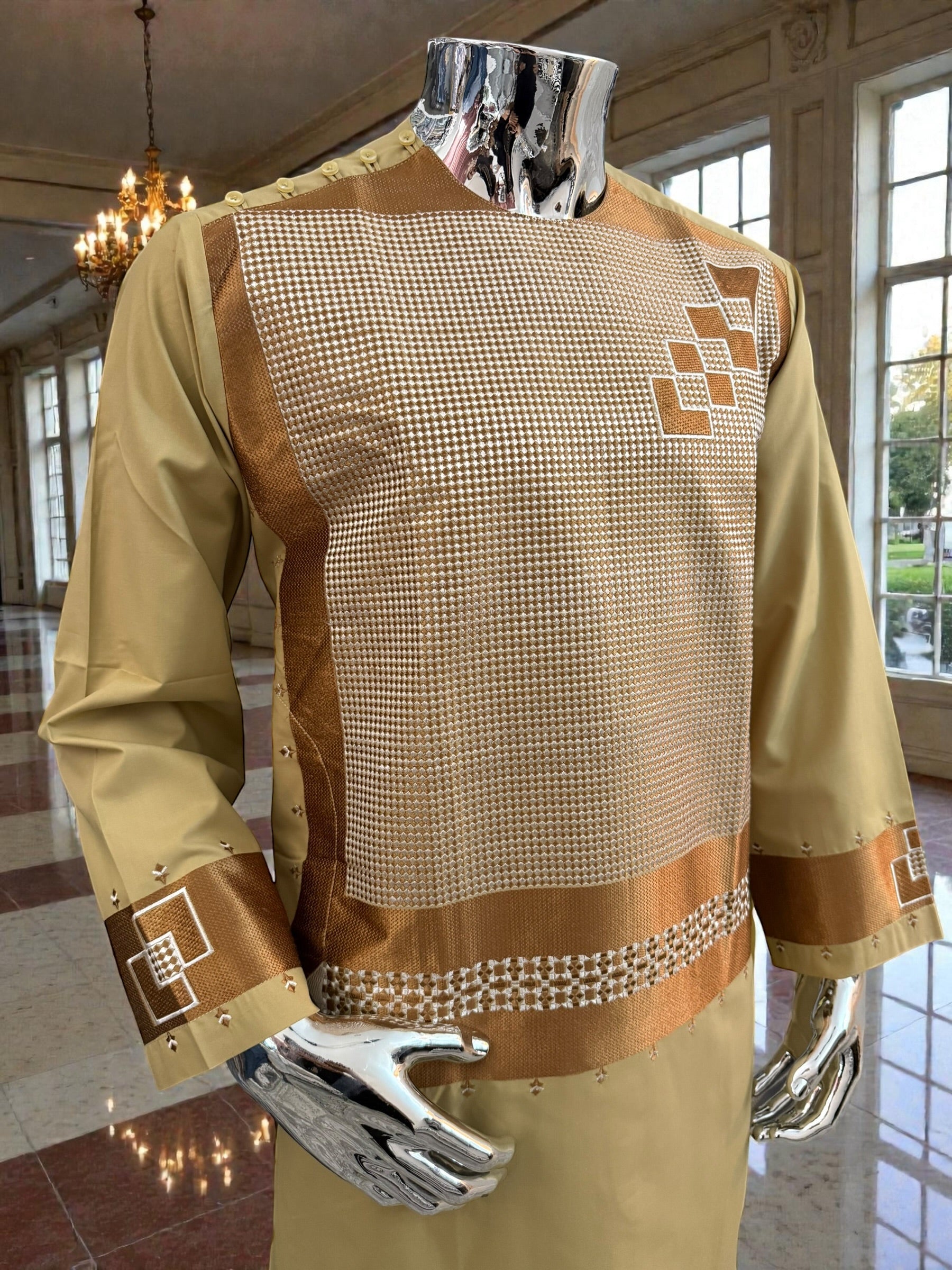 Small Men’s Golden Parahan Tumban with Bronze Geometric Embroidery – Afghan Traditional Outfit