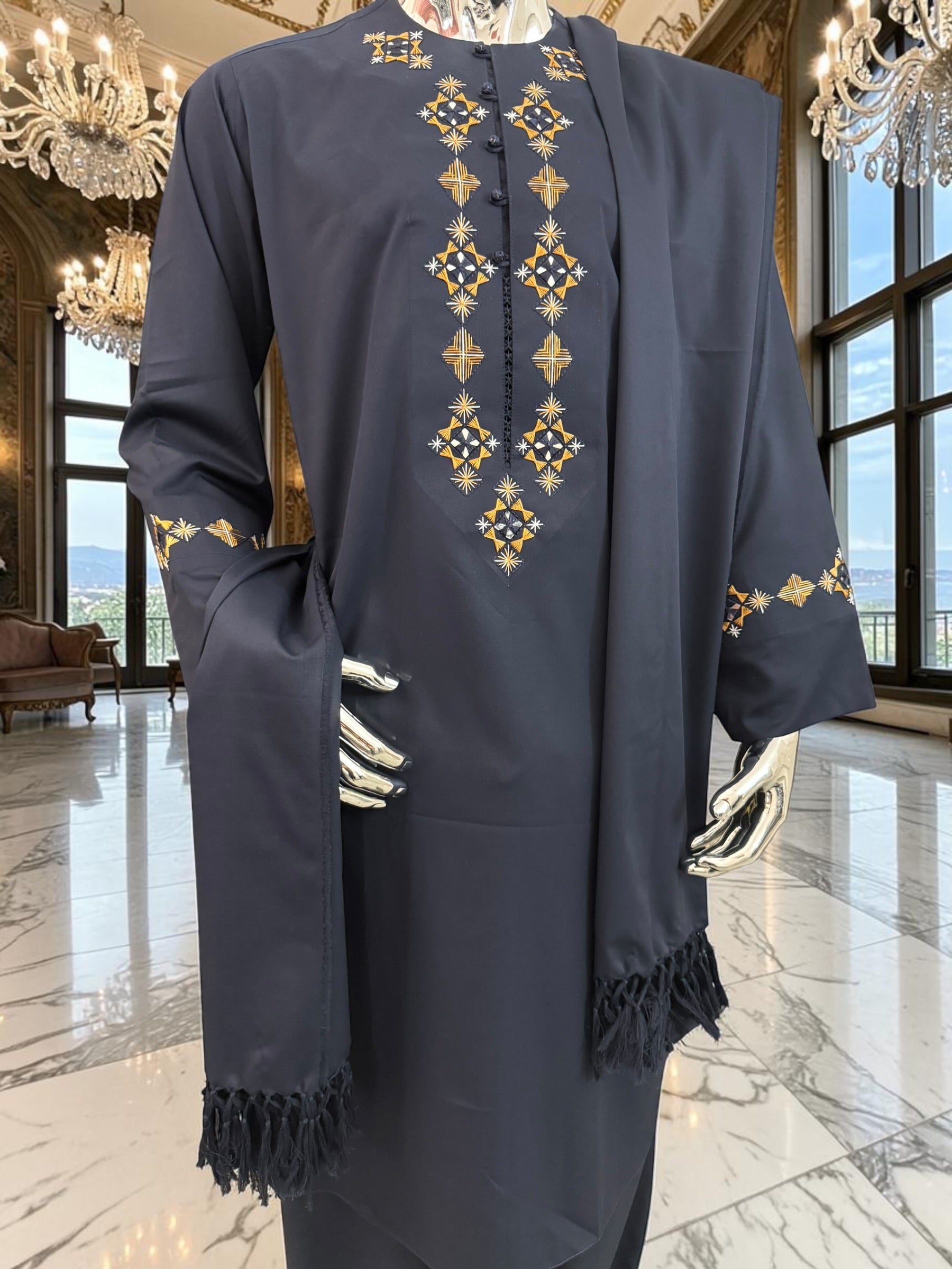 Large Men’s Navy Afghan Parahan Tunban Set with Premium Hand Embroidery with Mirror work & Matching Chadder/patto