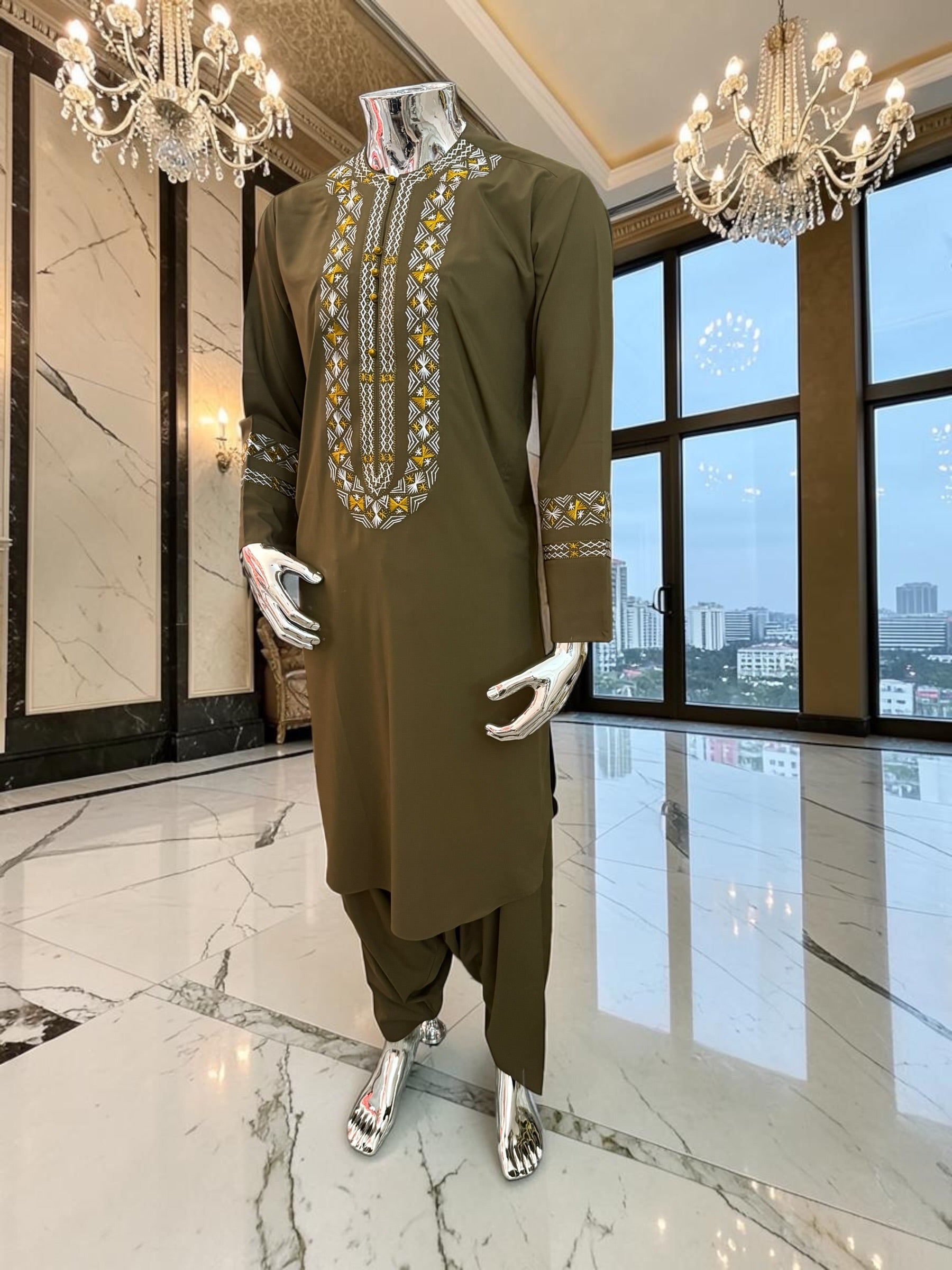 Large Olive Green Afghan Parahan Tunban Set with Traditional Hand Embroidery & Matching Scarf