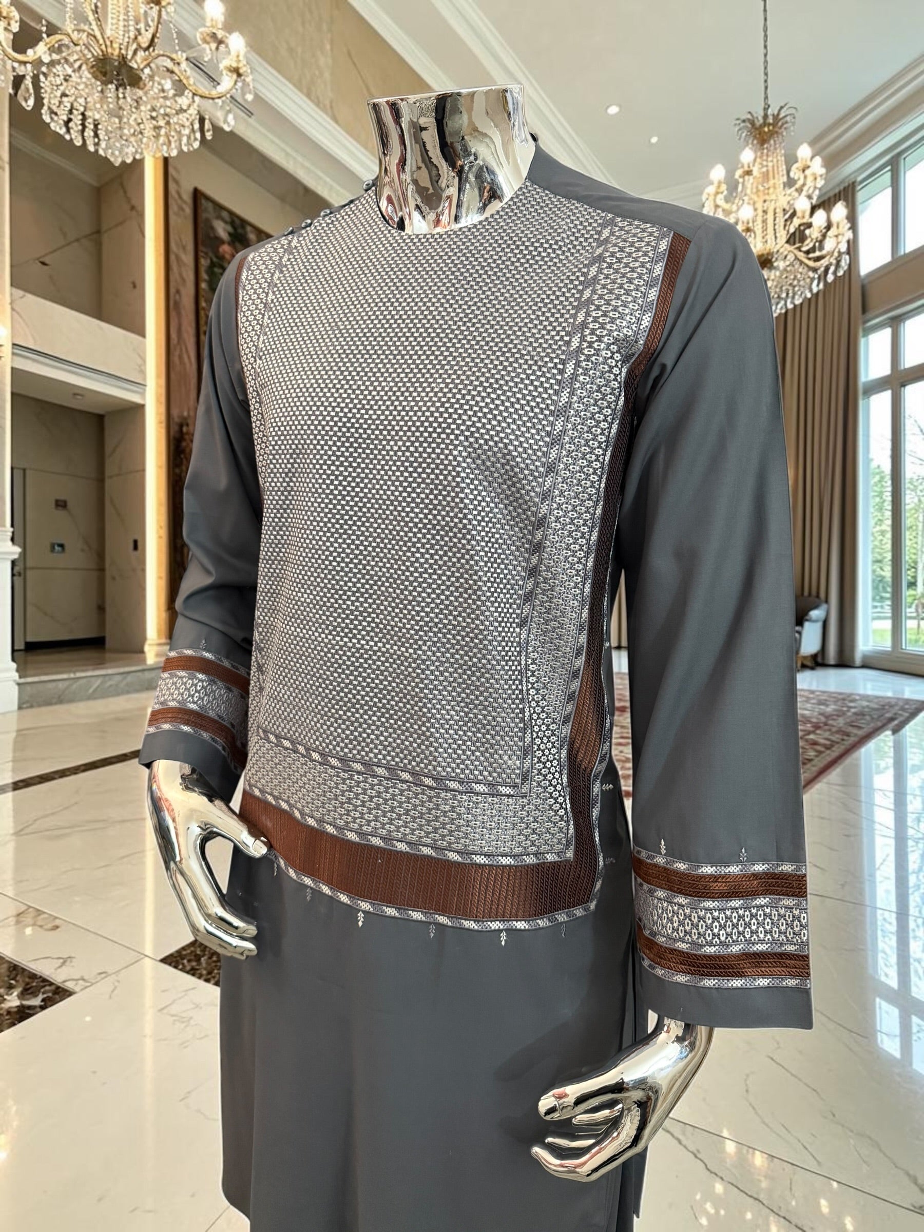 Small Charcoal Grey Men’s Shalwar Kameez Yakhandozi with white & Bronze Embroidery | Premium Traditional Wear