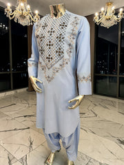 Medium Sky Blue Handmade Mirror Embroidered Afghan Parahan Tunban Set with Chadder