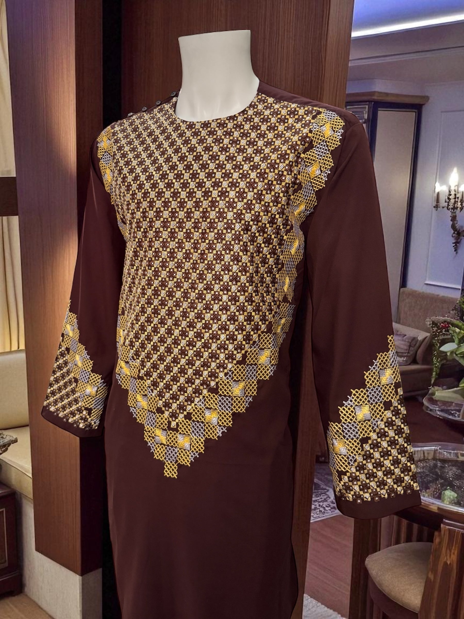 Men’s Maroon Kameez – Maroon with Gold Geometric Machine Embroidery | XL Afghan Traditional Wear