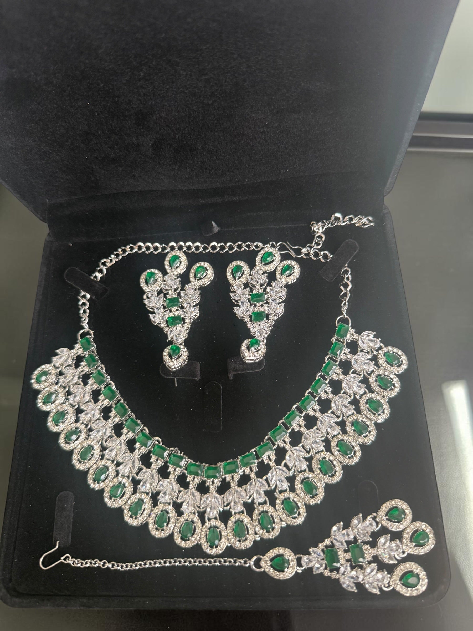 Luxury Emerald Green American Diamond Bridal Jewelry Set with Maang Tikka | Premium Brass Statement Collar Necklace, Earrings & Gift Box Included 6031