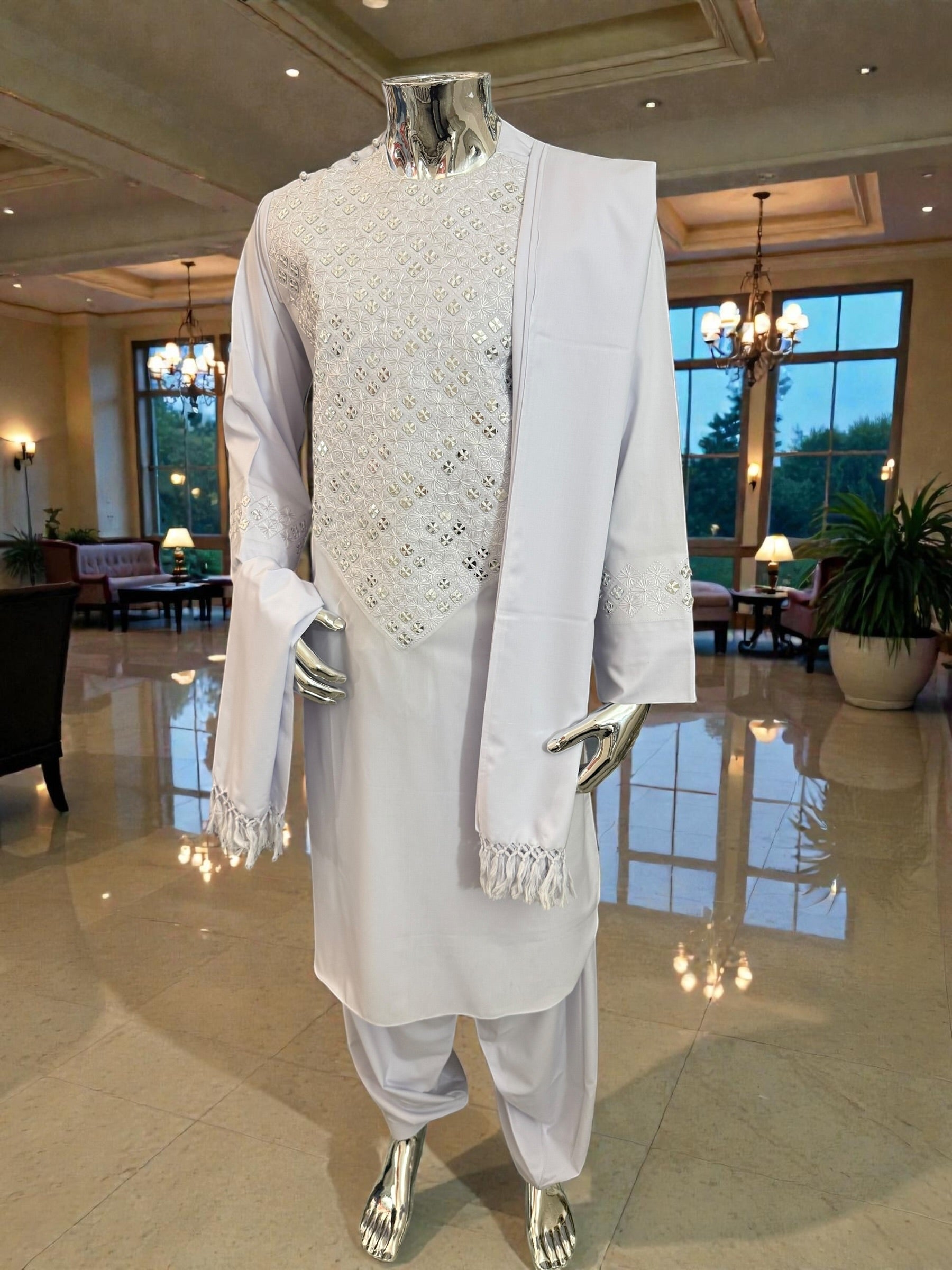 Medium Men’s White Afghan Groom Outfit – 3-Piece Elegant Set