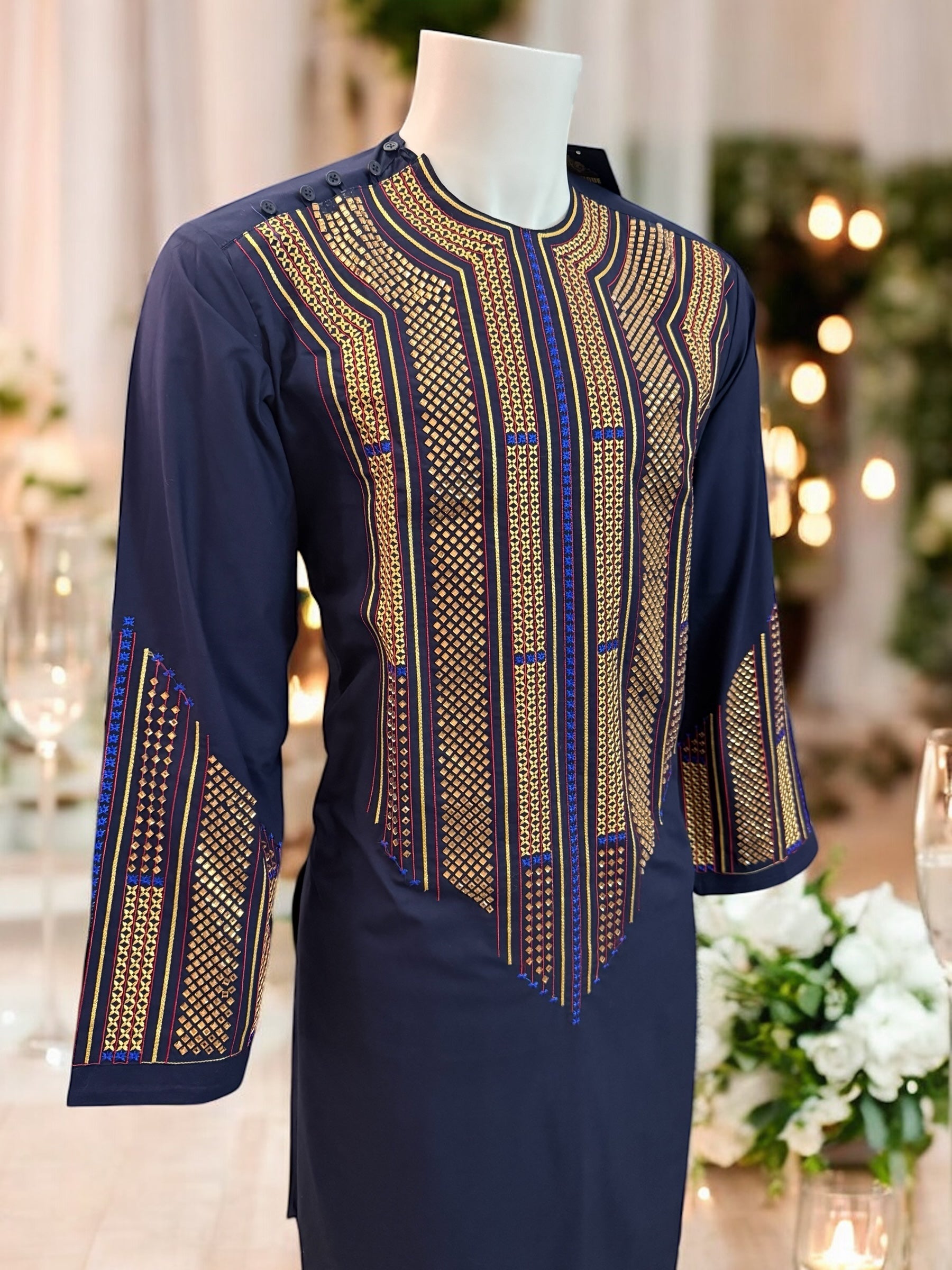 Afghan Parahan Tunban for Men Navy Gold and Blue Shesha Mirror Work Machine Embroidered Medium