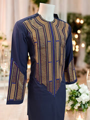 Afghan Parahan Tunban for Men Navy Gold and Blue Shesha Mirror Work Machine Embroidered Medium