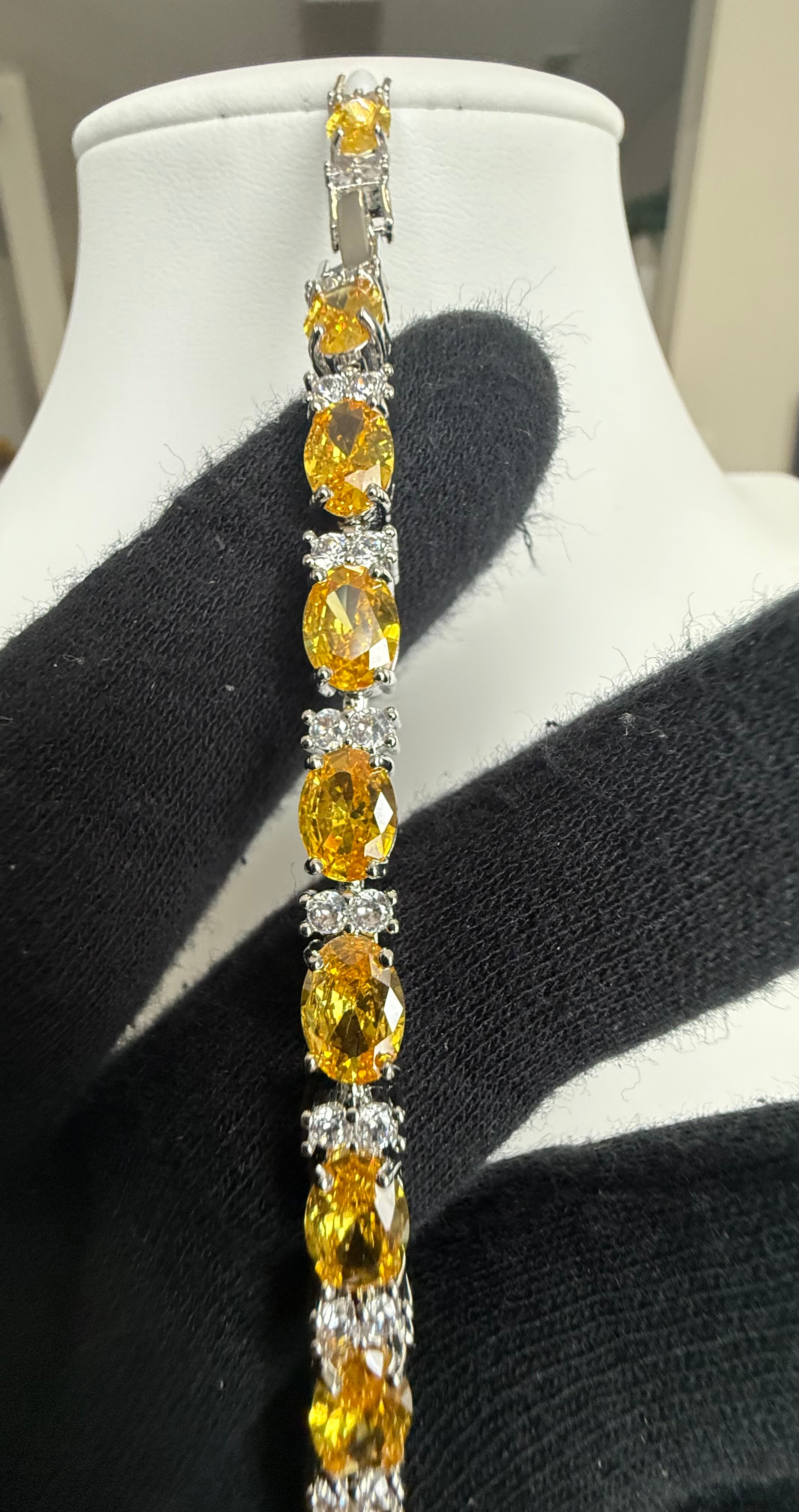 Yellow Oval Crystal Tennis Bracelet – Silver Tone Statement Bracelet 7145