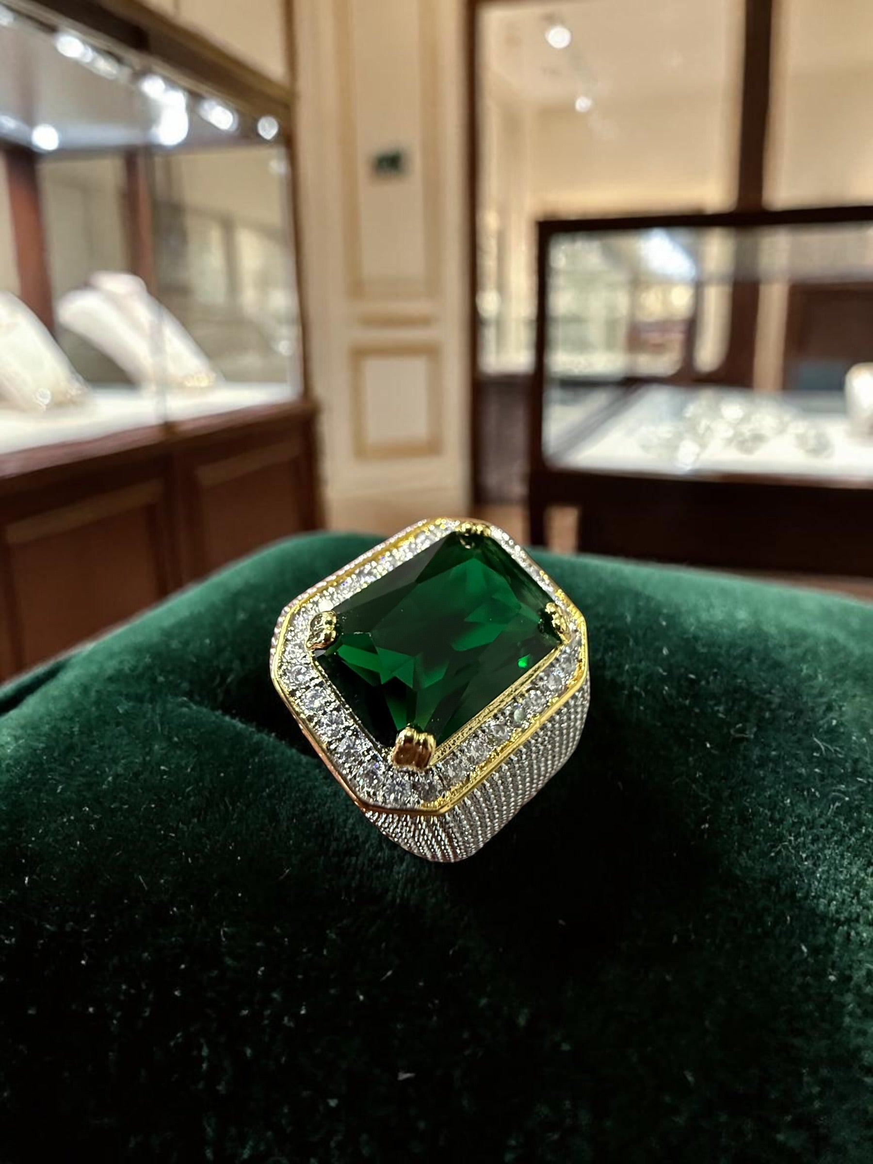 Men’s Green Zircon Statement Ring – Gold Tone Brass Cluster Design CGR