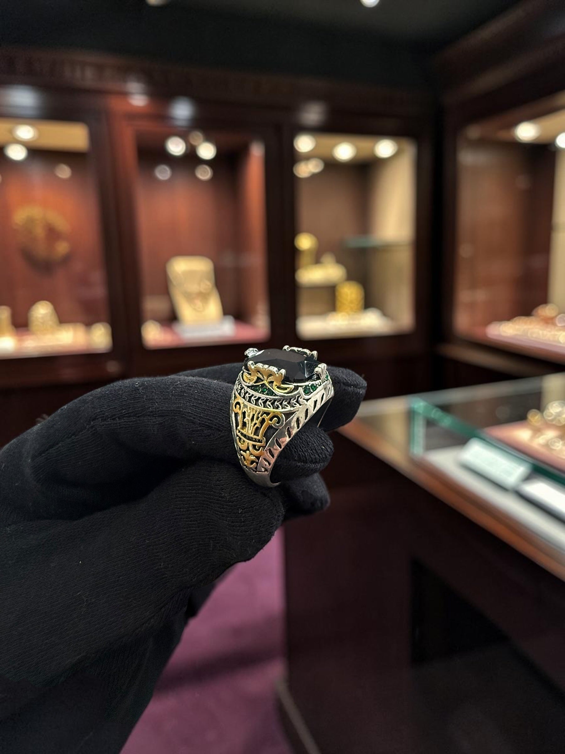 Vintage Turkish Inspired Signet Ring with Cubic Zirconia Stone – Silver Plated Two-Tone Men’s & Unisex Statement Ring – Available in Black, Green, Red, Gold, Navy & Blue