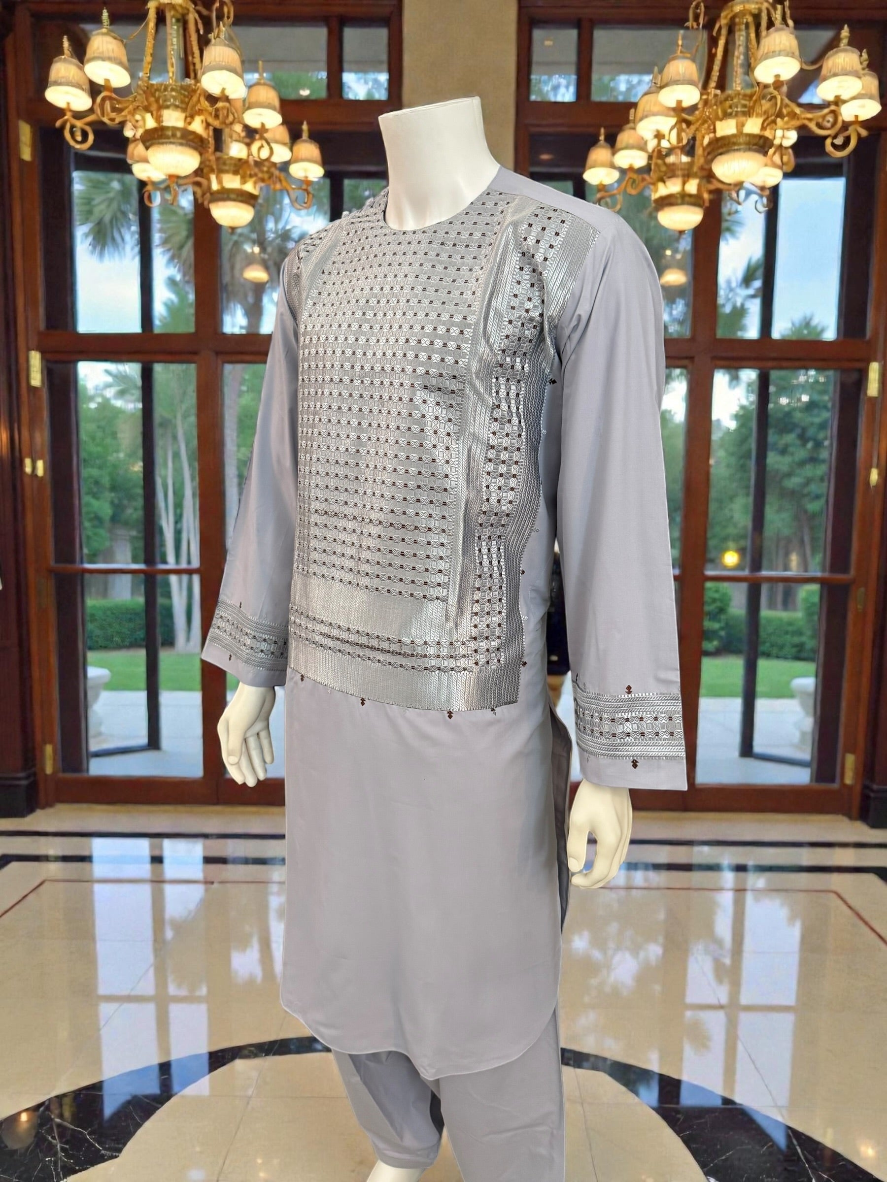 XL Afghan Men’s Kameez – Pale Lilac with Silver & Brown Embroidery | High-Quality Traditional Outfit