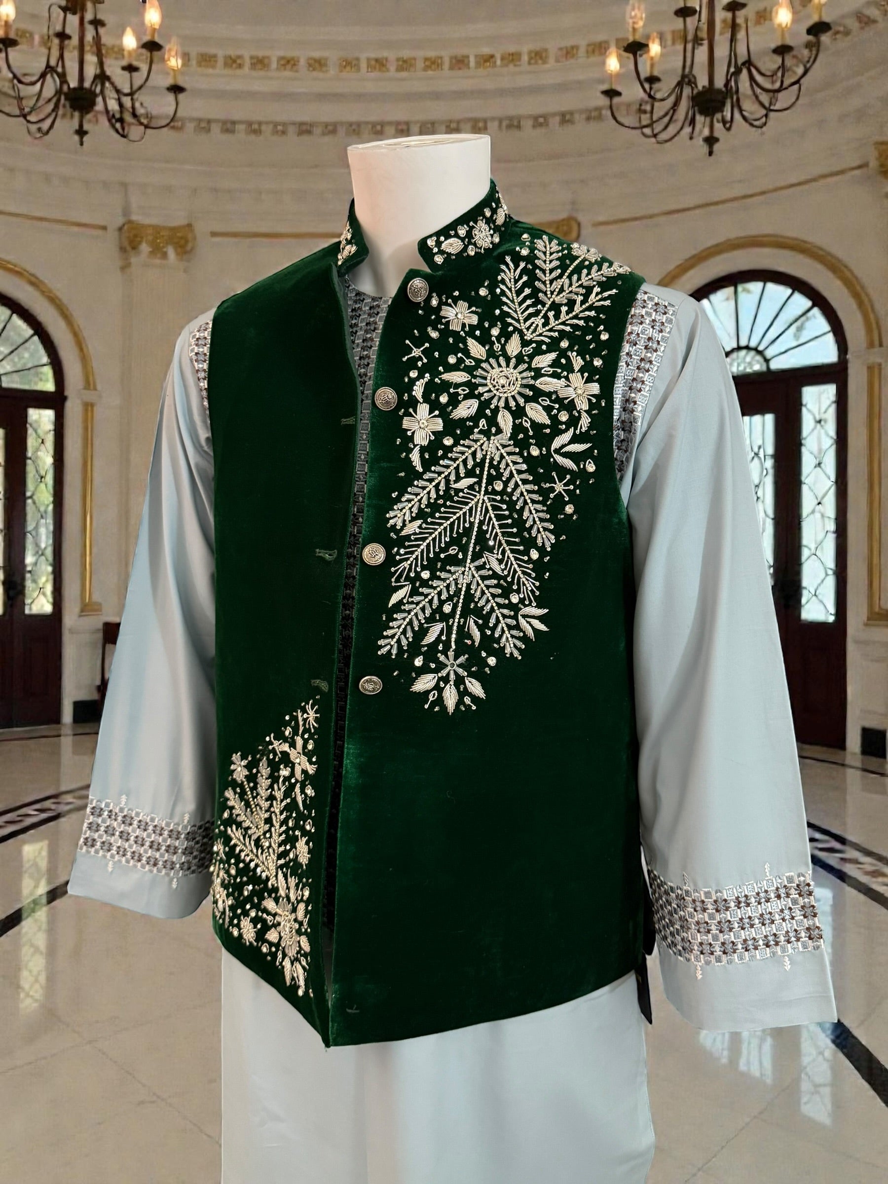 Small Emerald Green Velvet Waistcoat– Hand-Embroidered Silver Zari & Dabka Work