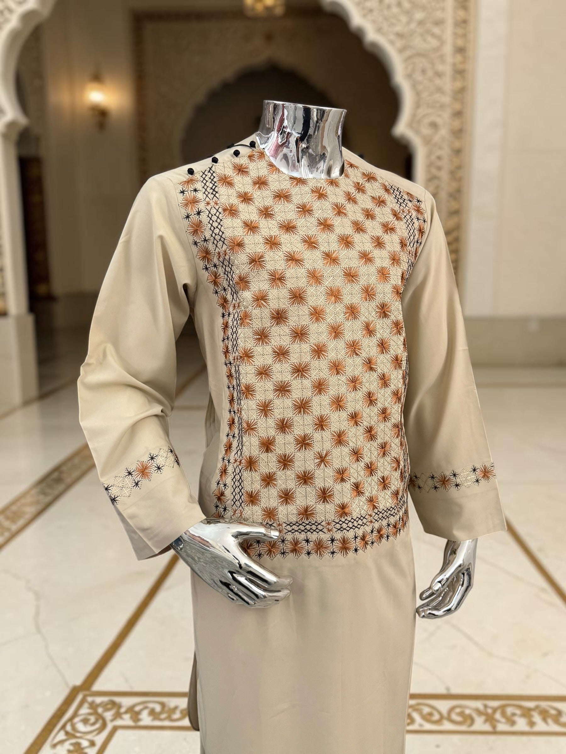 Men’s Cream Hand-Embroidered Afghan Parahan Tunban with Shawl – 3-Piece Set 5023
