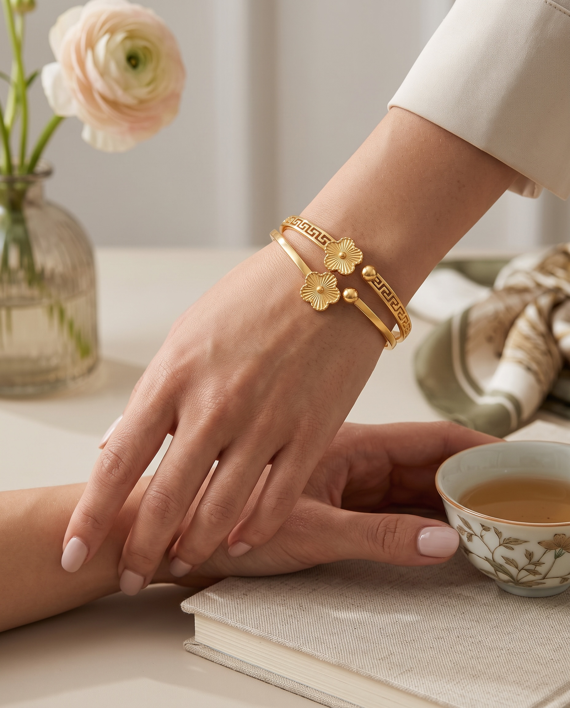 Greek Key Floral Open Cuff Bangle Bracelet – Gold or Silver Tone