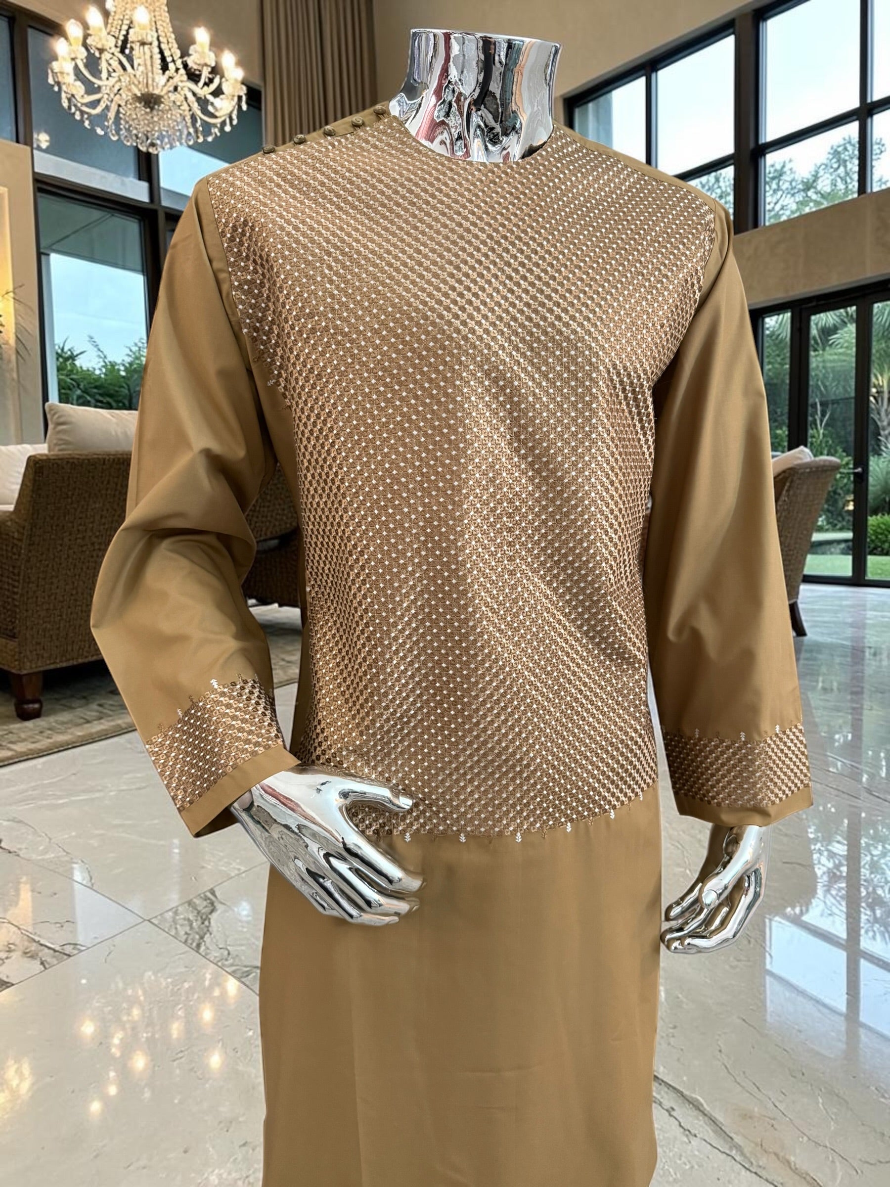 Large Honey Brown Afghan Parahan Tumban with Matching Khamak-Style Machine Embroidery – Men’s Traditional Wear