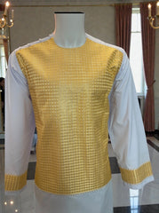 Medium White and Gold Afghan Parahan Tunban for Men with Machine Embroidery