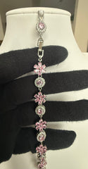 Pink Floral Crystal Link Bracelet – Silver-Tone Flower & Halo Statement Bracelet for Women 7123