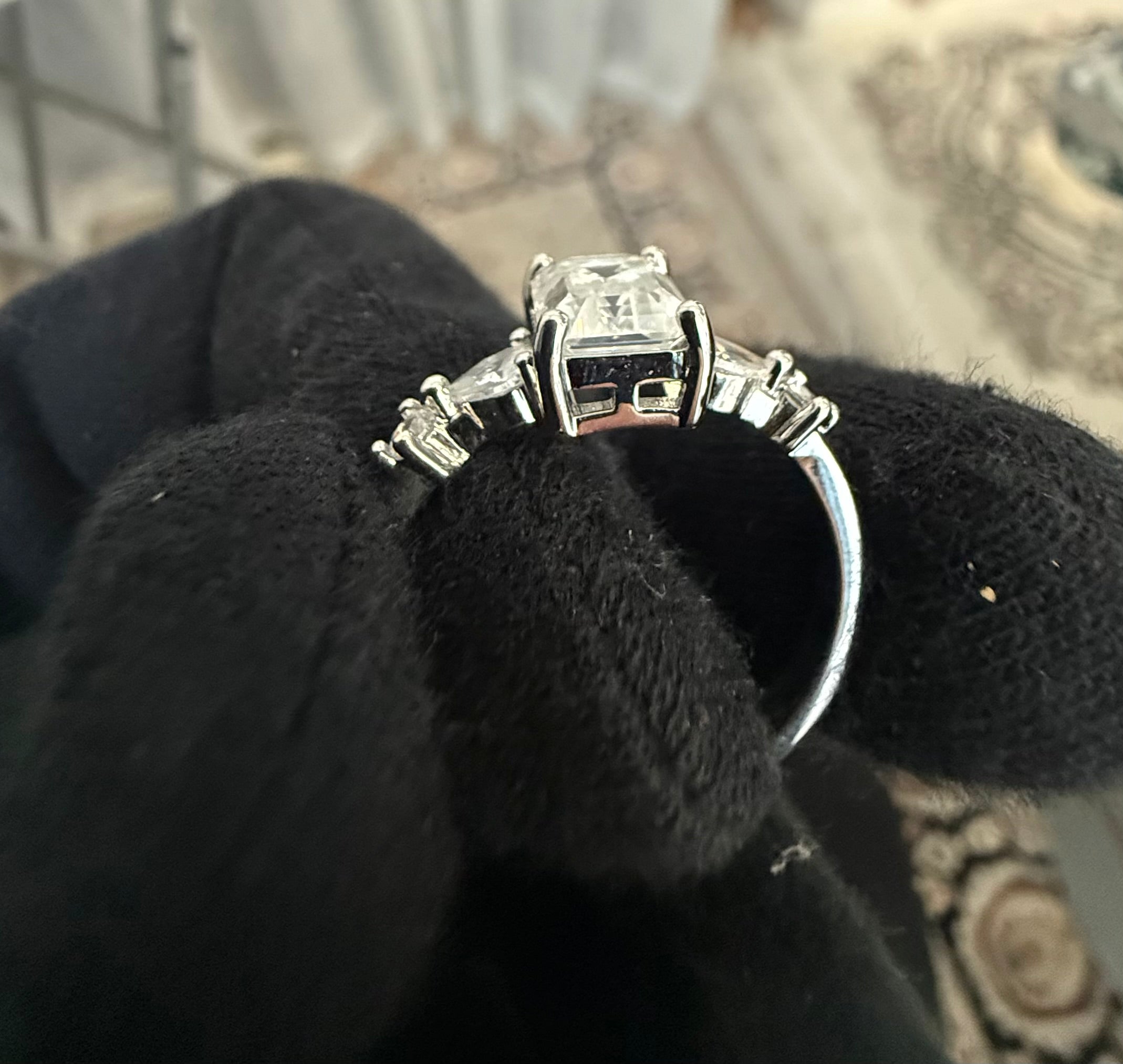 Size 9 Emerald Cut Moissanite Engagement Ring in 925 Sterling Silver | Three-Stone Promise Ring for Women. 6018