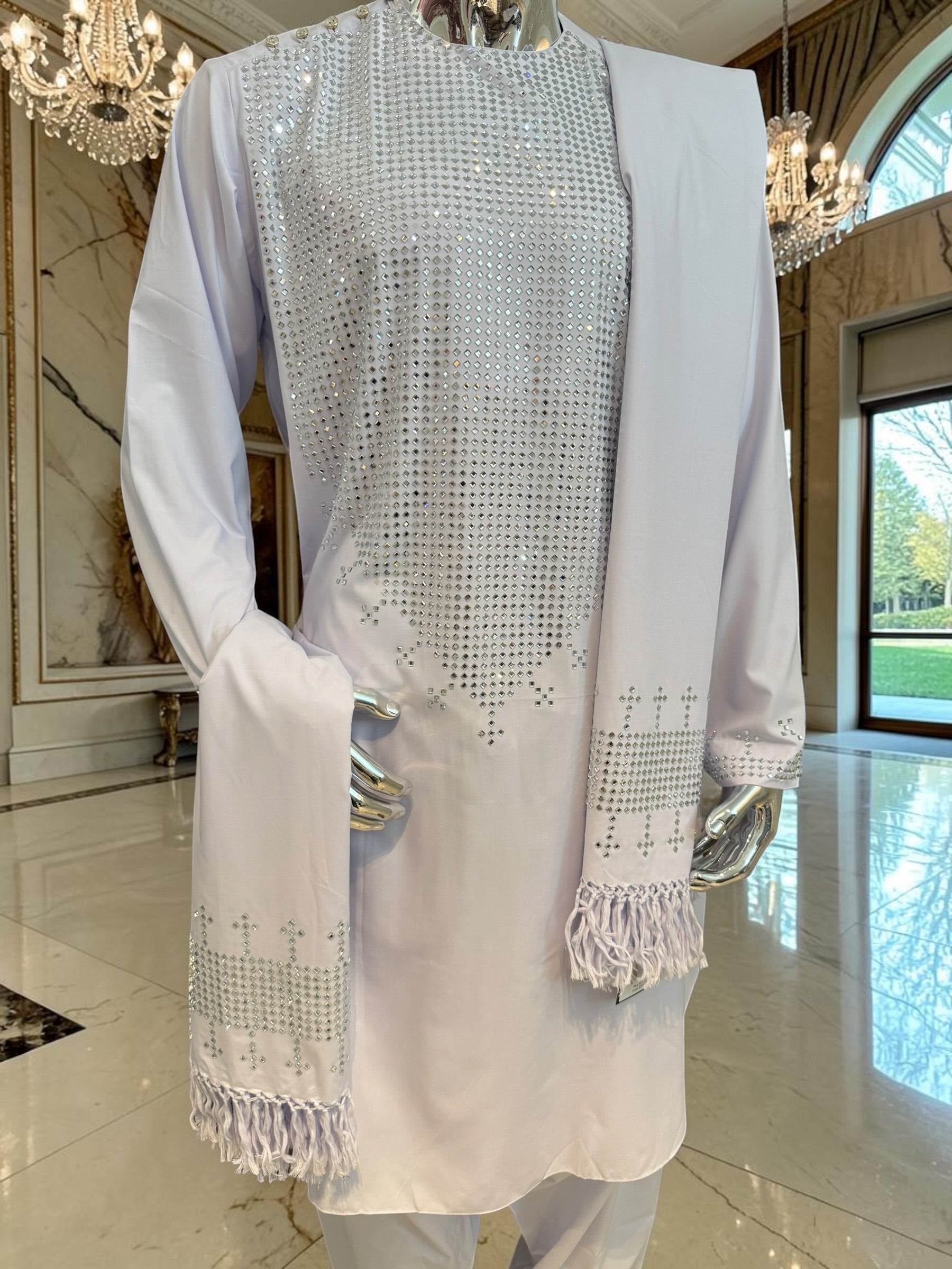 White Chadder Shawl with Shesha Mirror work and Fringe at the end