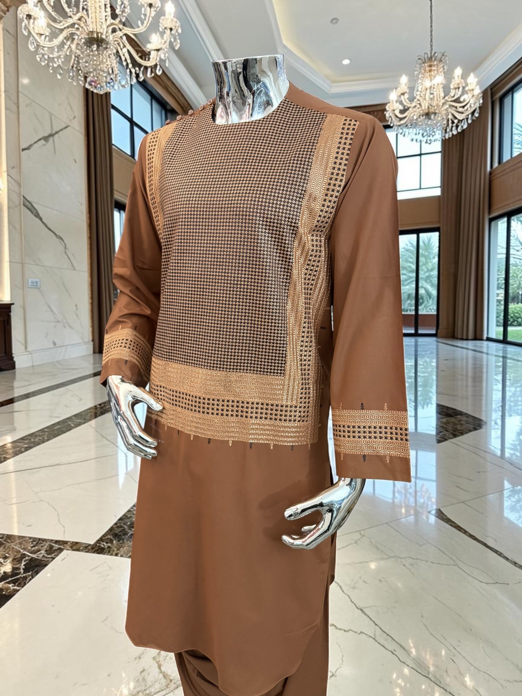 Medium Copper Brown Afghan Shalwar Kameez with Gold Embroidery | Premium Men’s Traditional Wear