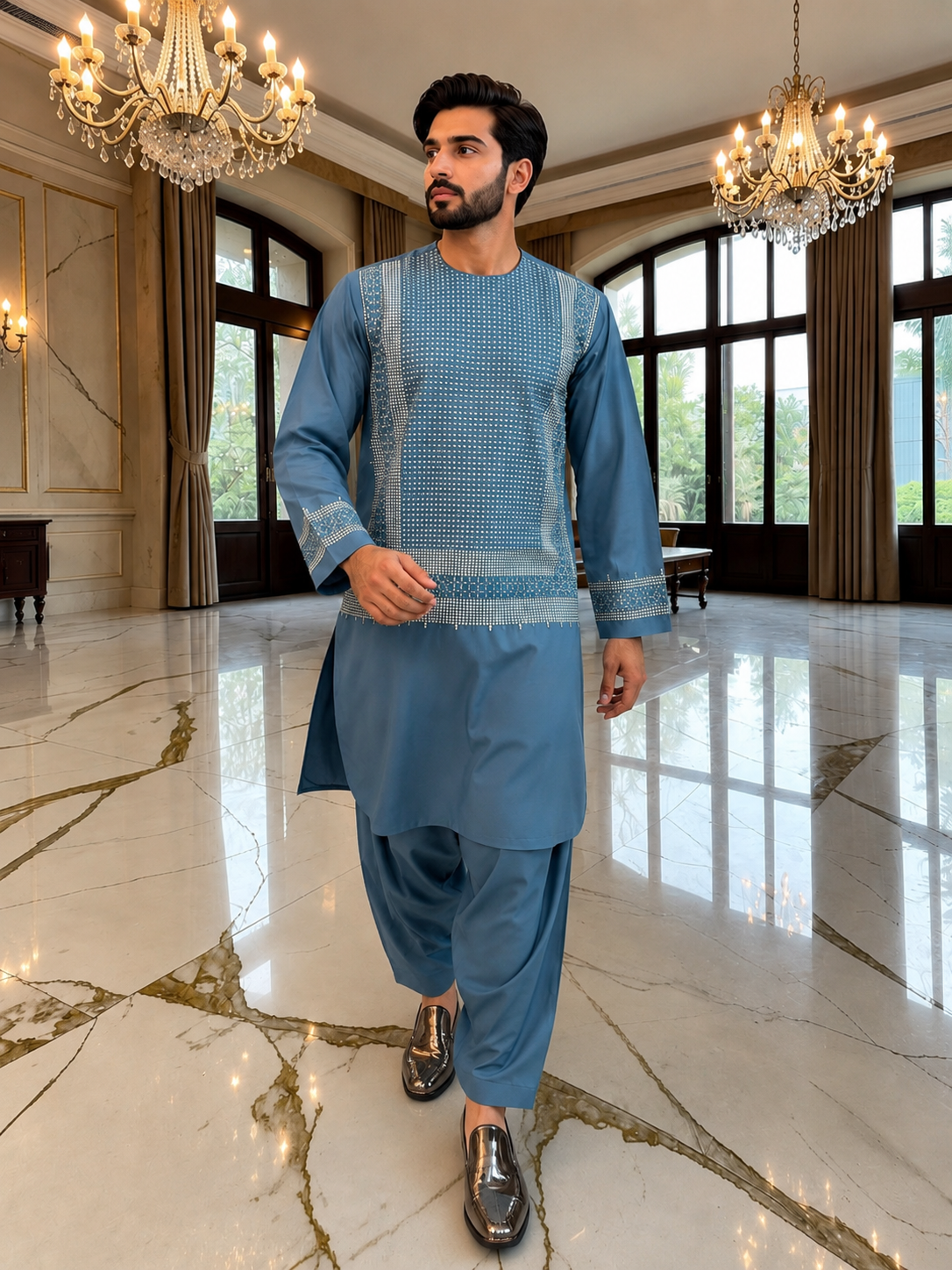 Medium Steel Blue Embroidered Men’s Parahan Tunban Yakhandozi – Premium Traditional Suit