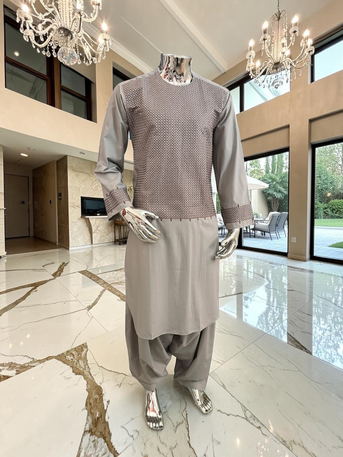 Medium Men’s Light Gray Parahan Tumban with Brown Embroidery – Afghan Traditional Outfit