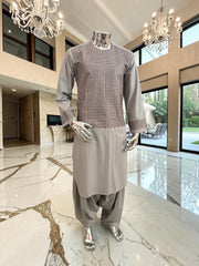 Medium Men’s Light Gray Parahan Tumban with Brown Embroidery – Afghan Traditional Outfit