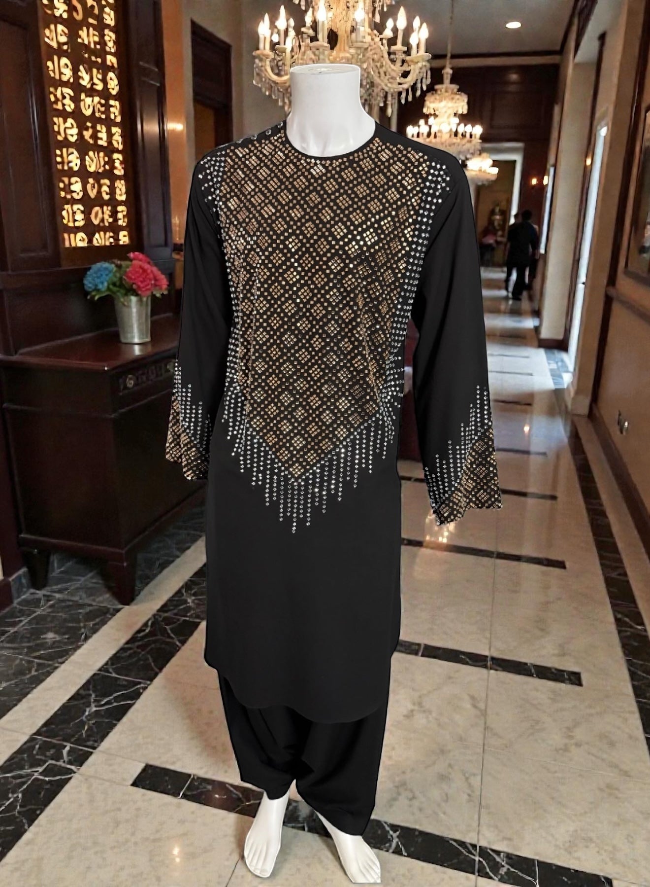 XL Black Afghan Parahan Tumban with Bronze & Silver Shesha Mirror Pattern – Men’s Traditional Wear