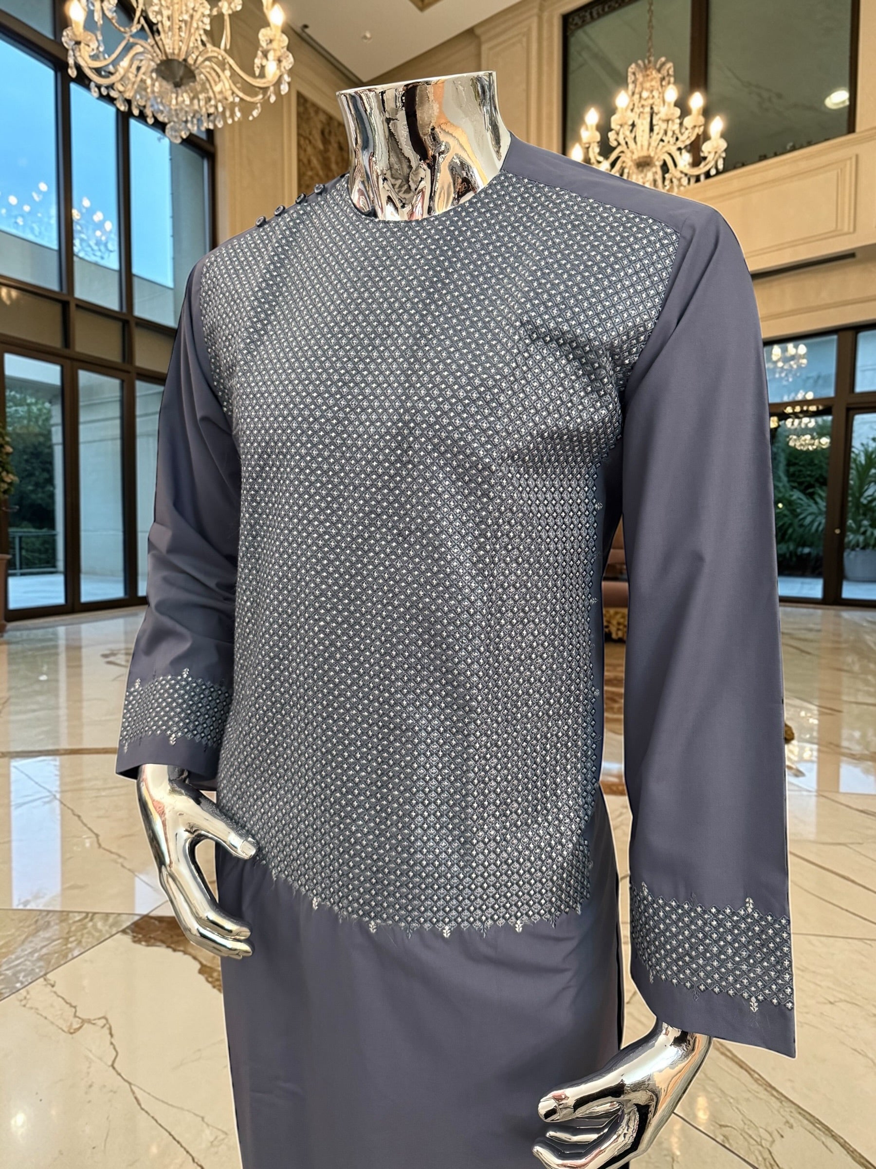 Men’s Grey Parahan Tumban with Matching Machine Embroidery – Traditional Afghan Outfit, Medium