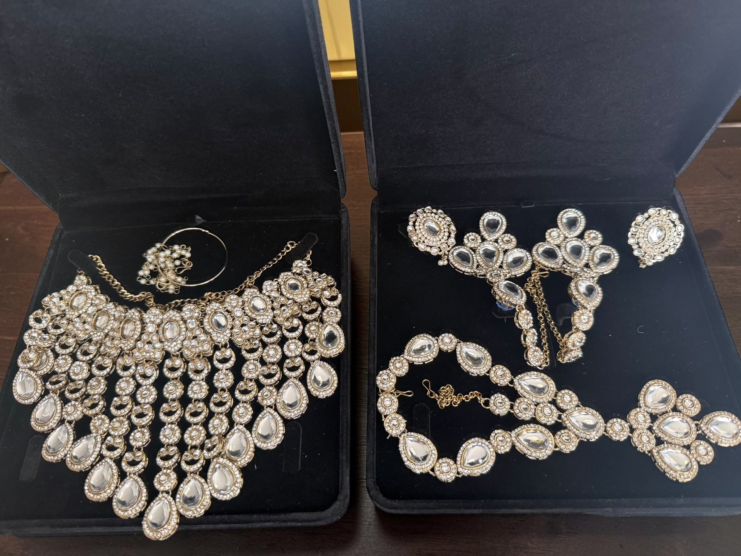 Luxury 6-Piece Indian Bridal Jewelry Set – Silver Tone Kundan Necklace, Earrings, Sheeshphool, Nath & 2 Adjustable Rings | Brass Alloy | Includes 2 Premium Black Gift Boxes 6067