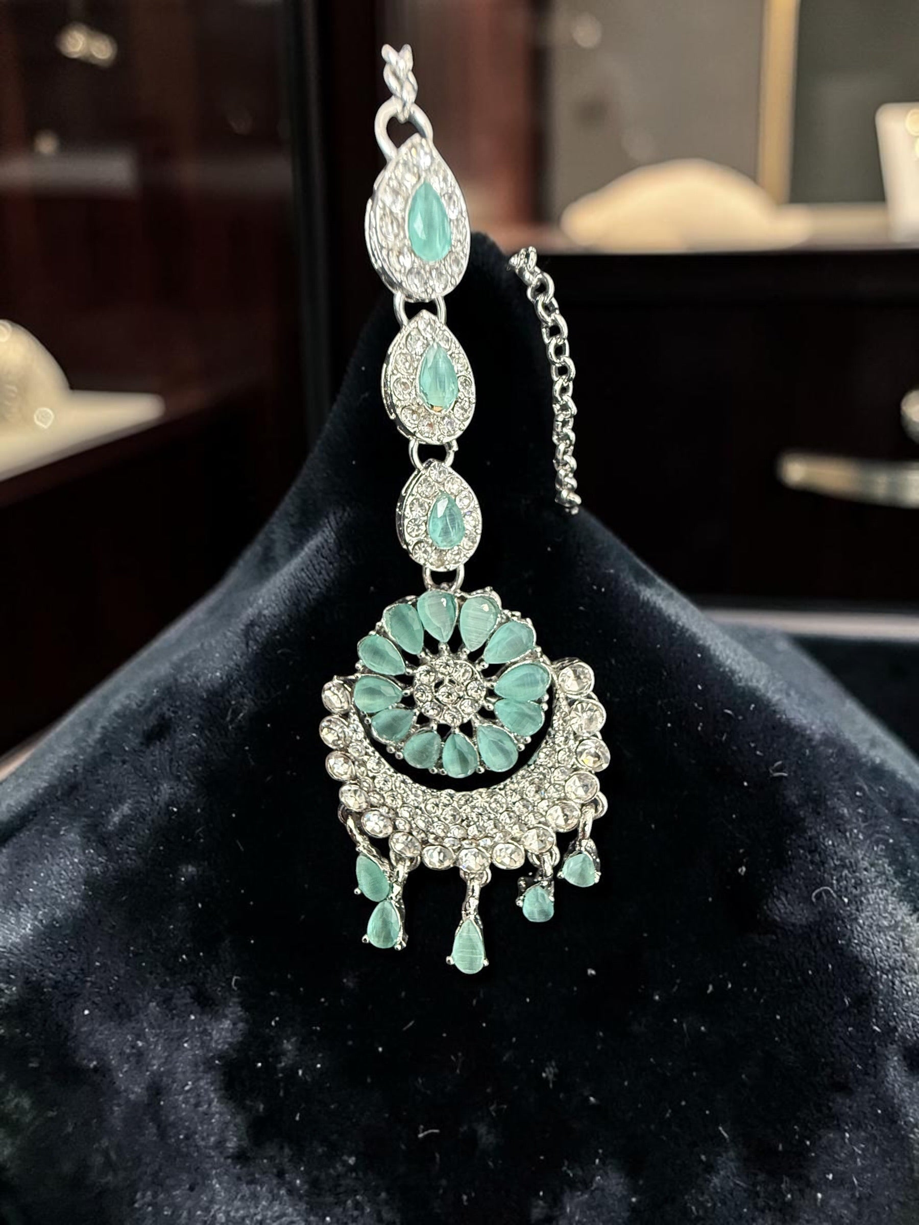 Indian Pakistani Afghan American Diamond Earrings with Maang Tikka Set | Bridal Chandbali Earrings | Wedding Jewelry Gift | 6 Color Options
