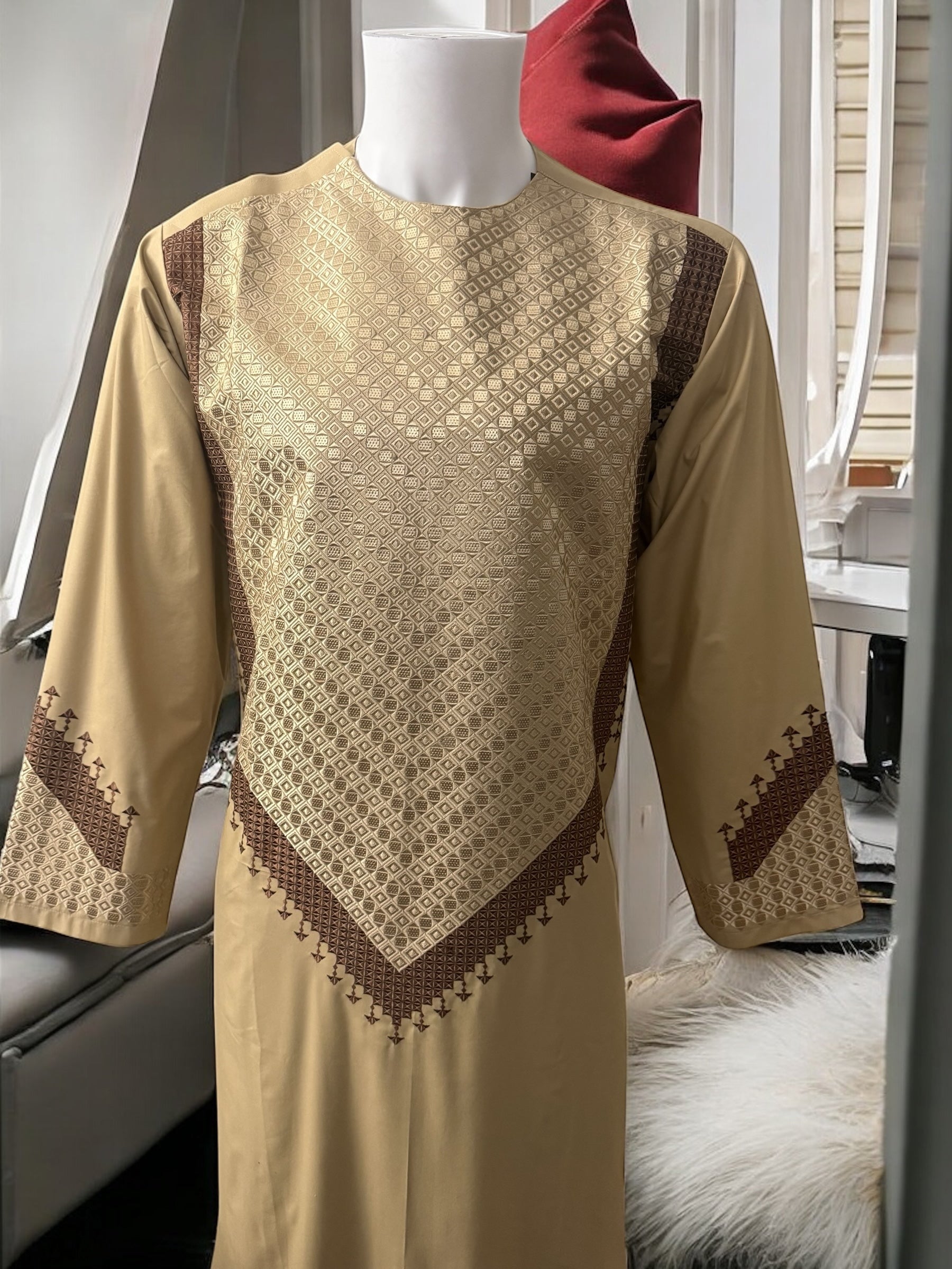 Men’s Beige Parahan Tumban with Brown Embroidery Large