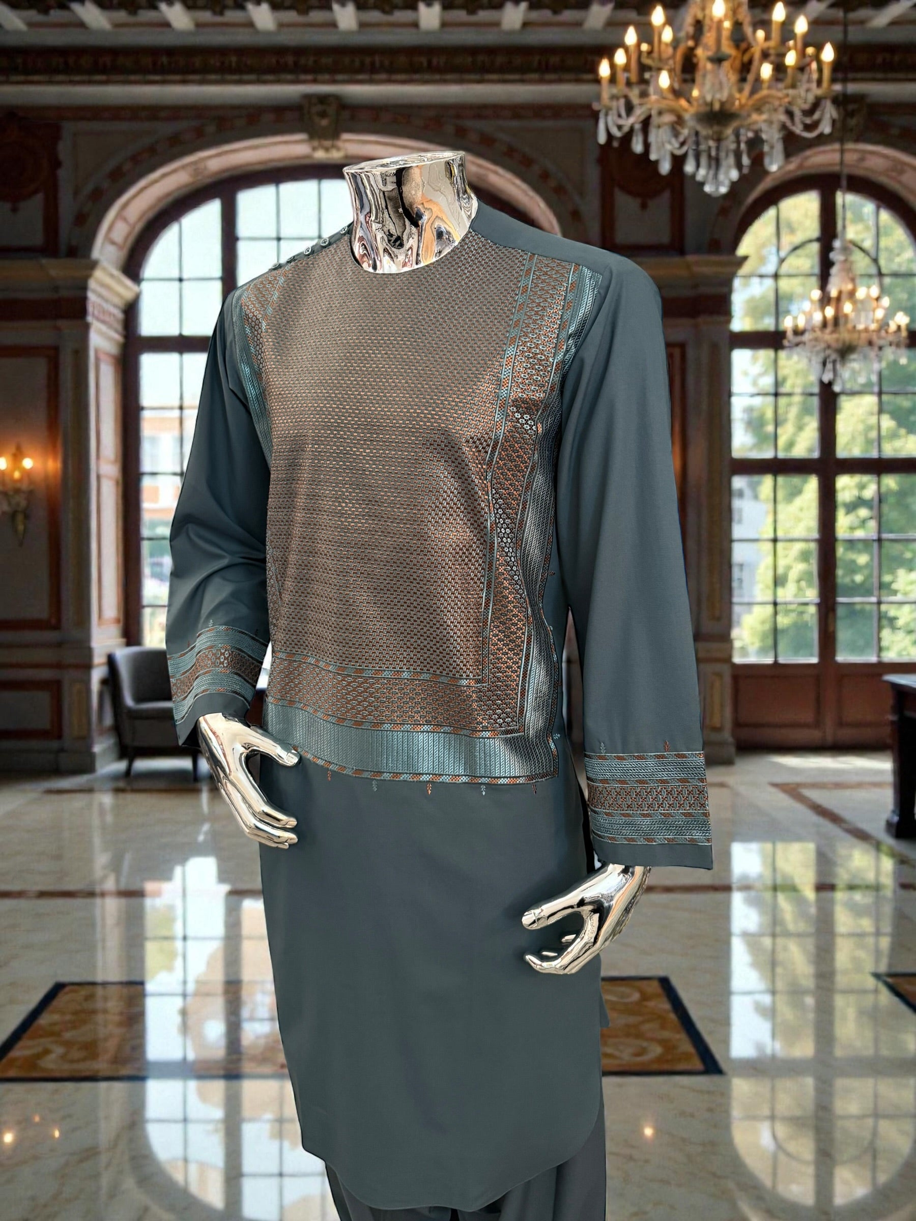 Medium Men’s Afghan Parahan Tunban – Premium Teal Blue Embroidery