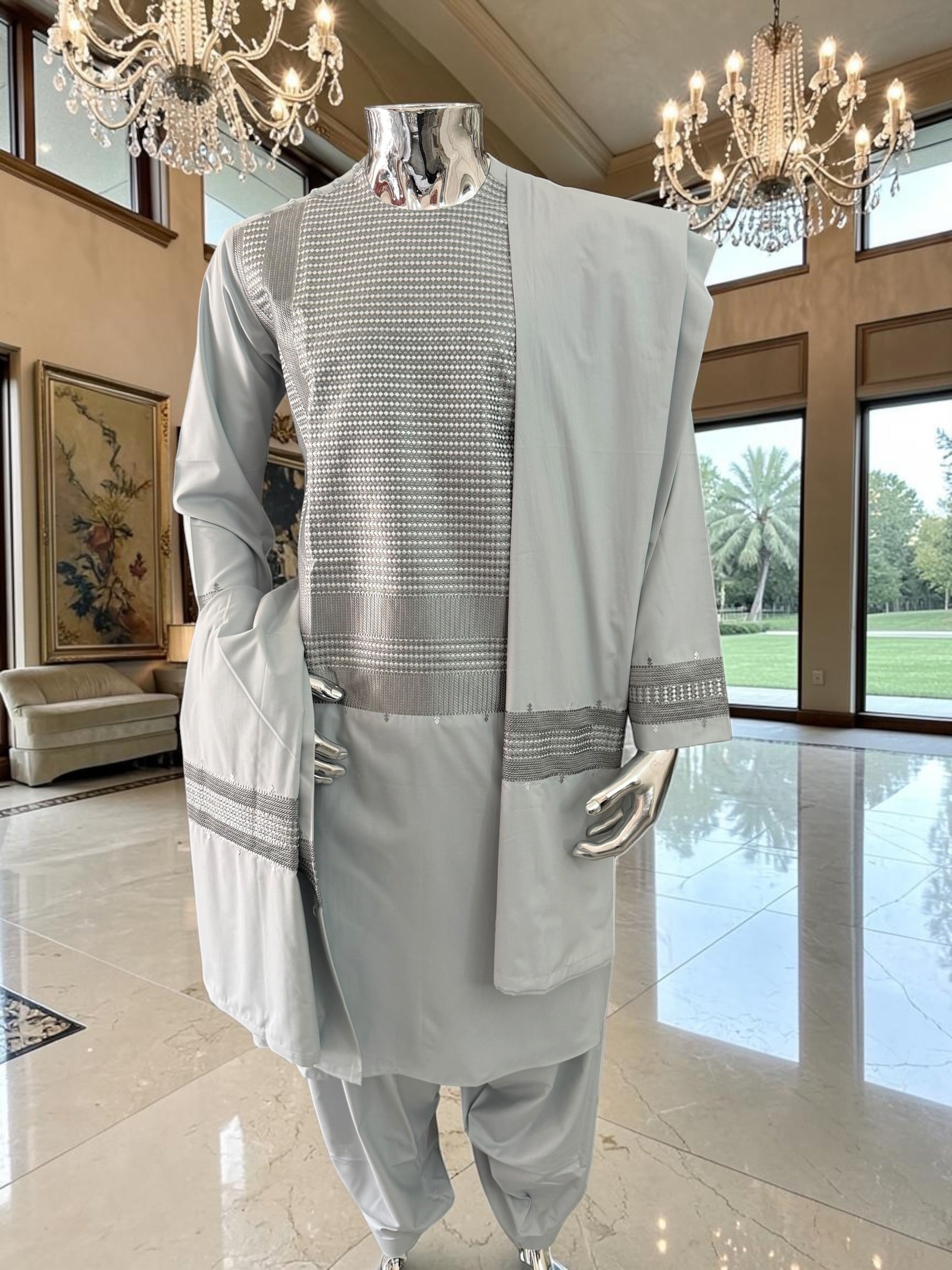 Small Premium Ice Grey Machine Embroidered Parahan Tunban Set with Matching Chadder