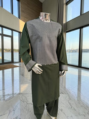 XL Green Afghan Parahan Tunban with Machine Embroidery