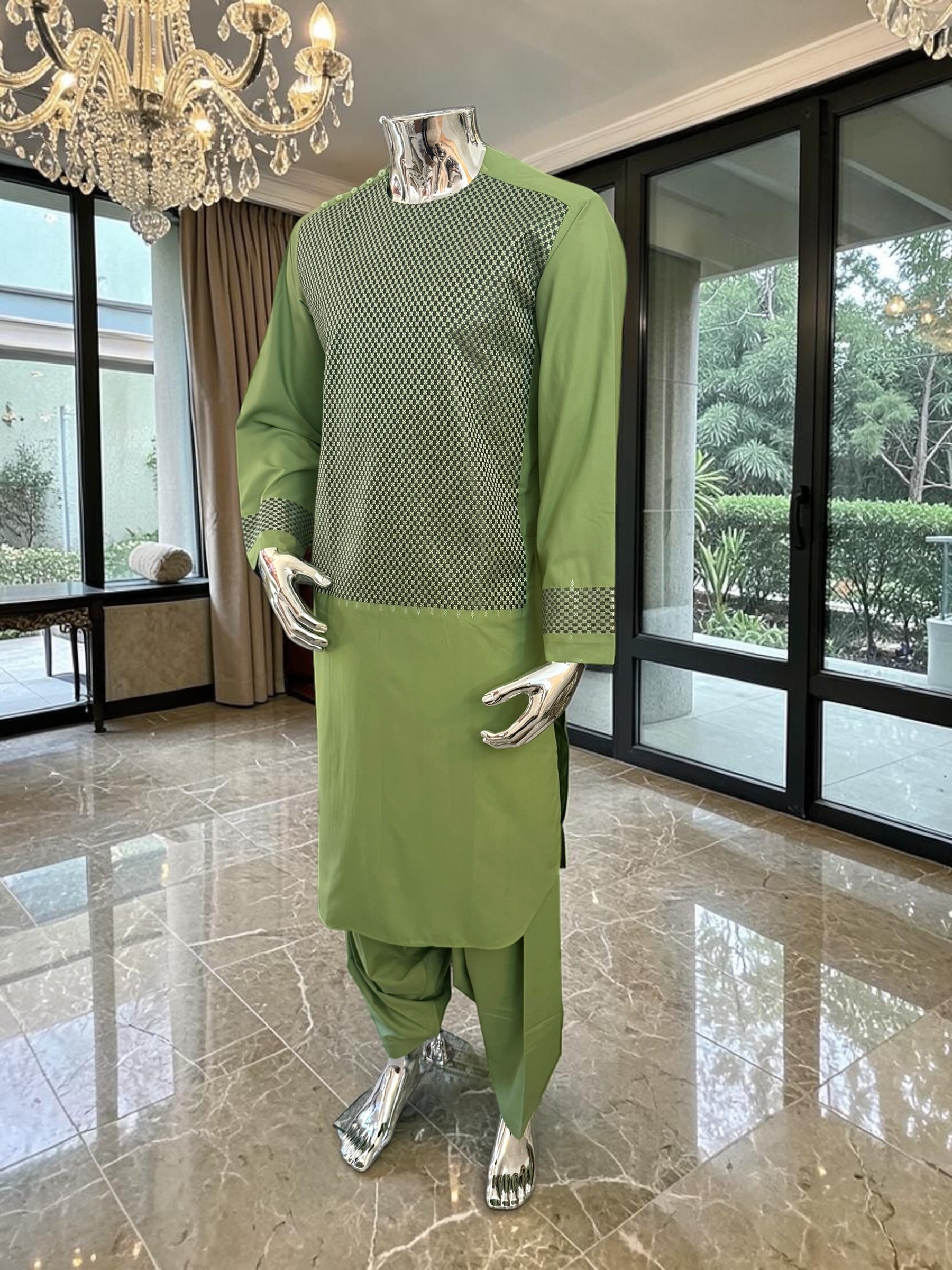 Medium Afghan Parahan Tunban Kameese Shalwar Green Machine Embroidery