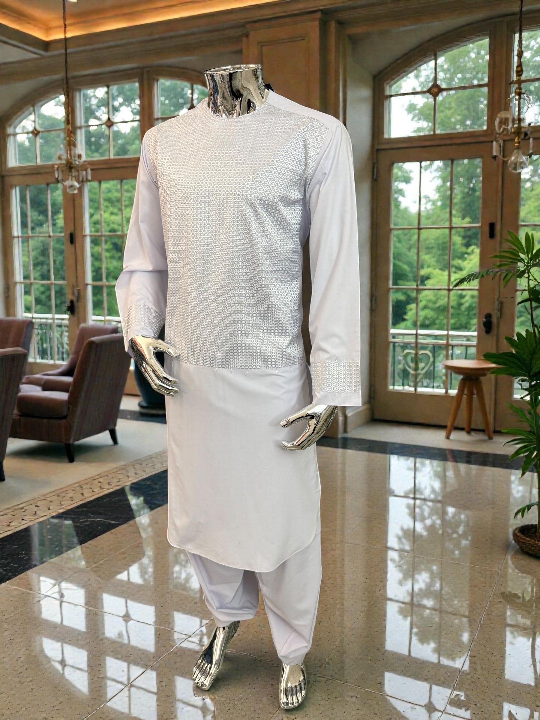 Medium White Afghan Parahan Tumban – Premium Cotton-Blend Embroidered Outfit